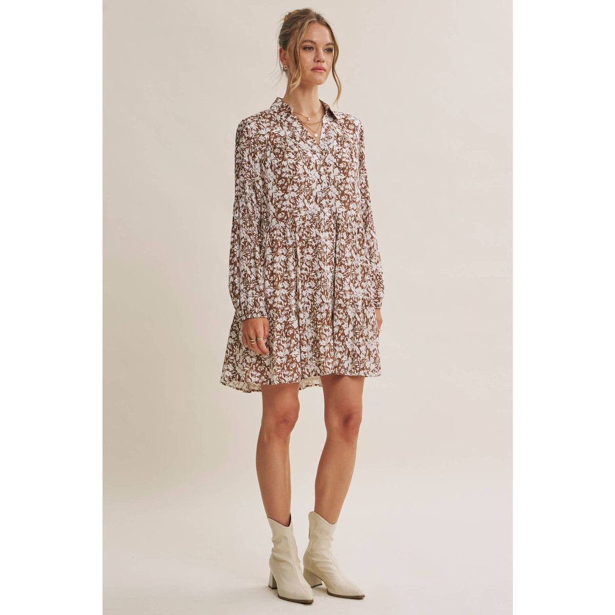 Mocha and cream floral button-down mini dress with long sleeves, full-length front view.