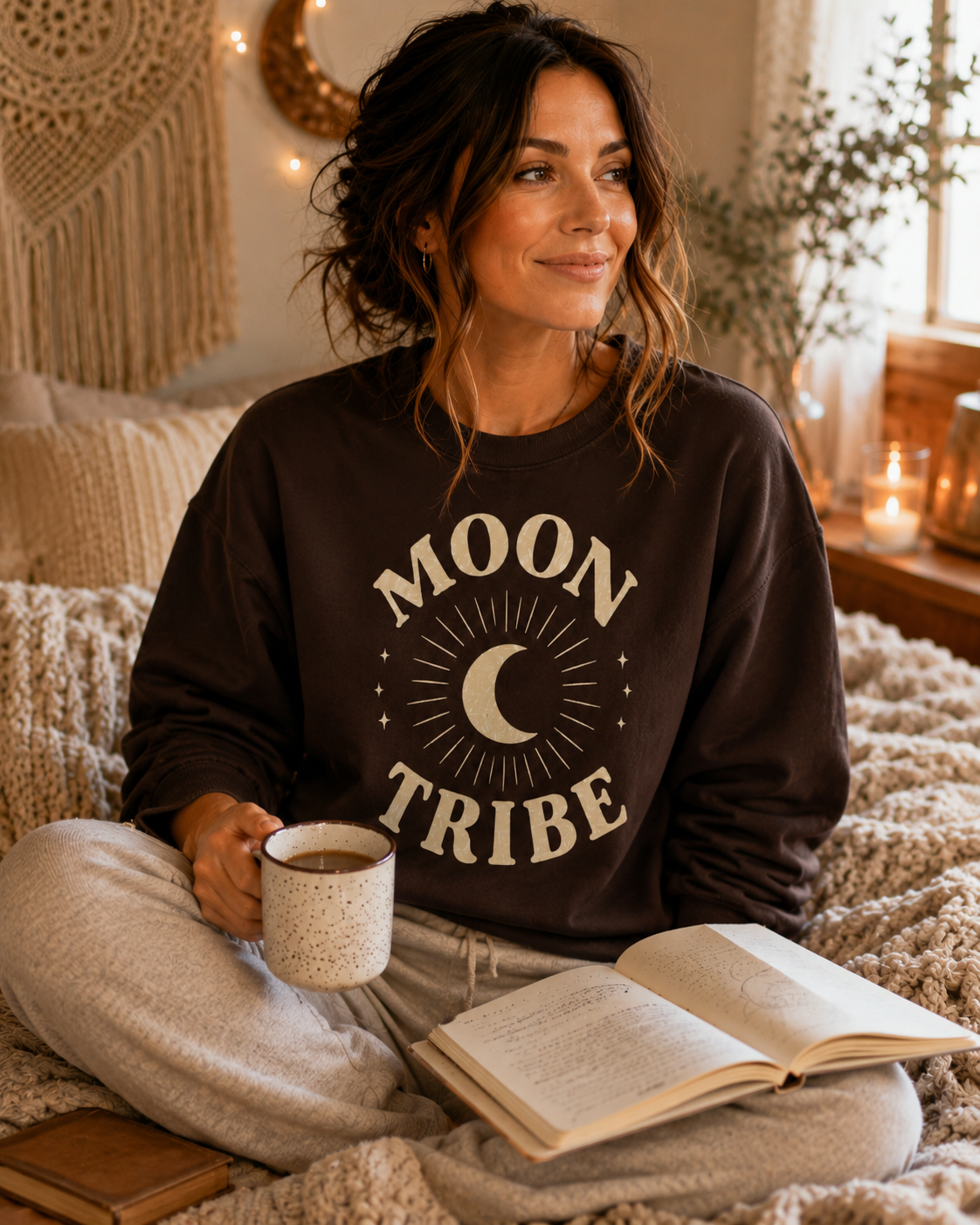 Woman wearing a 'Moon Tribe' sweatshirt, sitting on a bed with a book and mug.