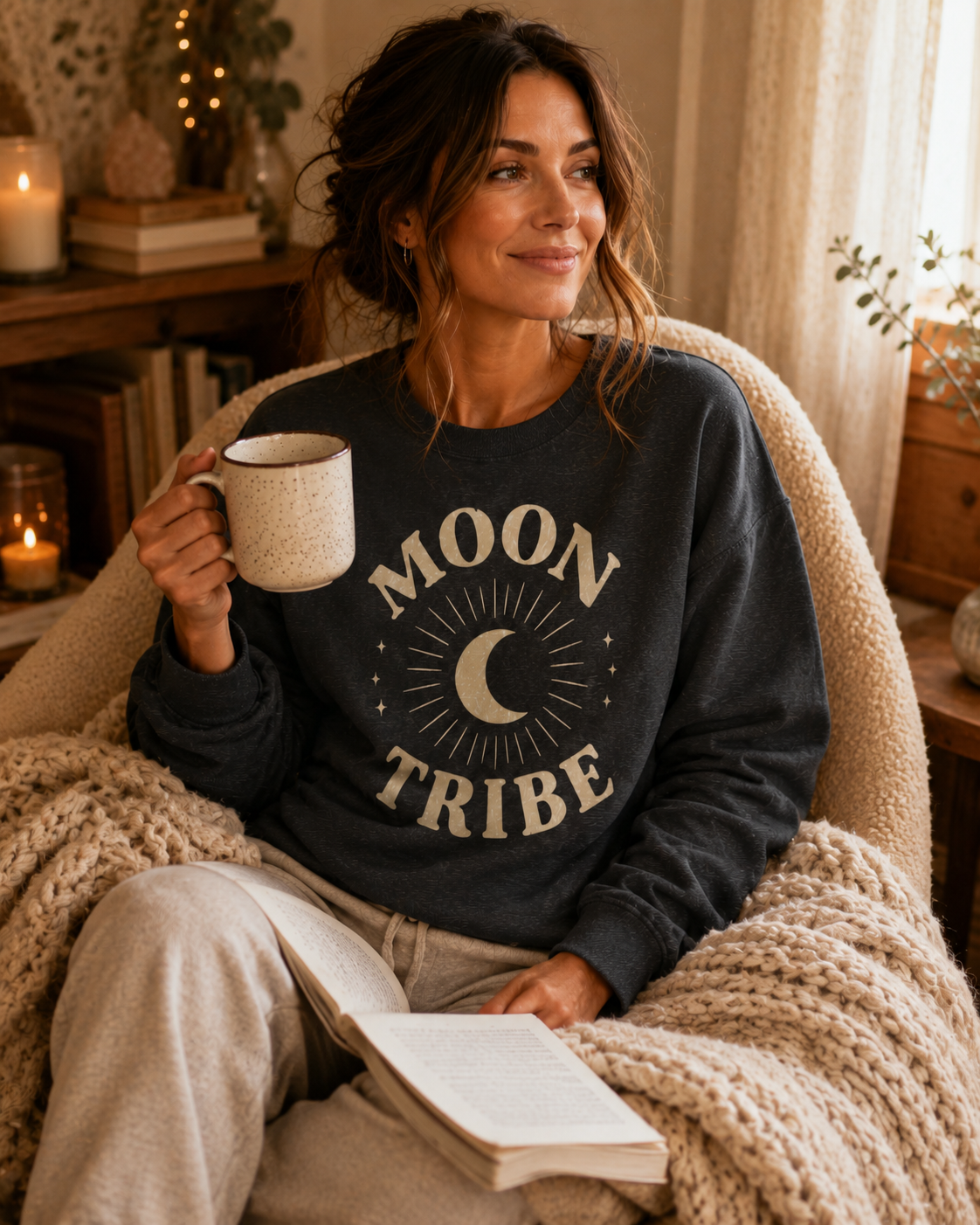 Moon Tribe Crewneck Sweatshirt — Celestial Moon Graphic Pullover - Jewel Tones — alternate product view 2