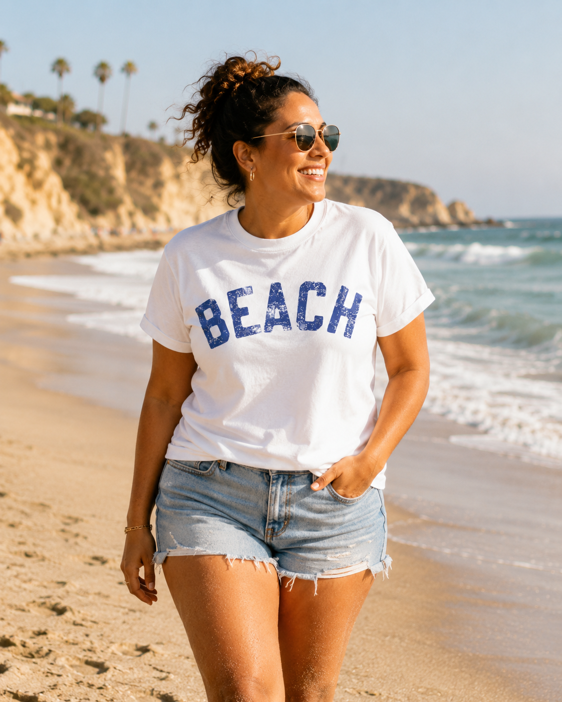 Beach Graphic T-Shirt – Vintage Blue "BEACH" Print | Fitkitty Culture®