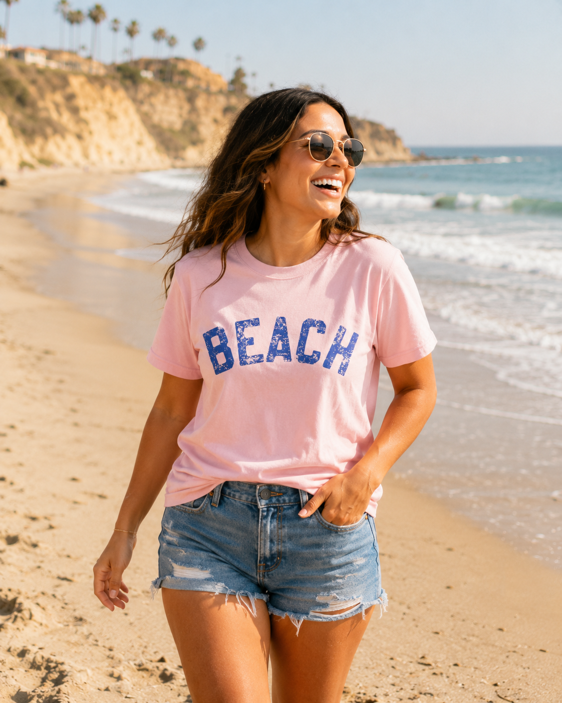 Beach Graphic T-Shirt – Vintage Blue "BEACH" Print, view 4 | Fitkitty Culture®