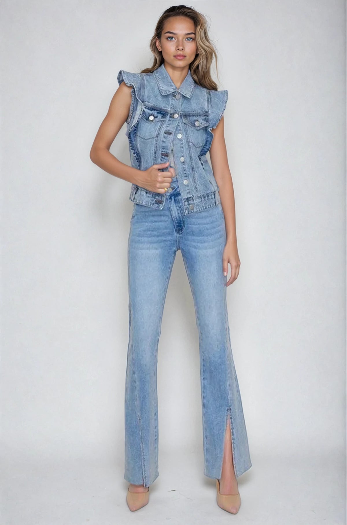 Victorian Charm Ruffle-Trim Denim Vest Jacket – Sleeveless Statement Layer- Light Denim - House of Caelo Athleisure Wear, Yoga Wear &  Women's Clothing