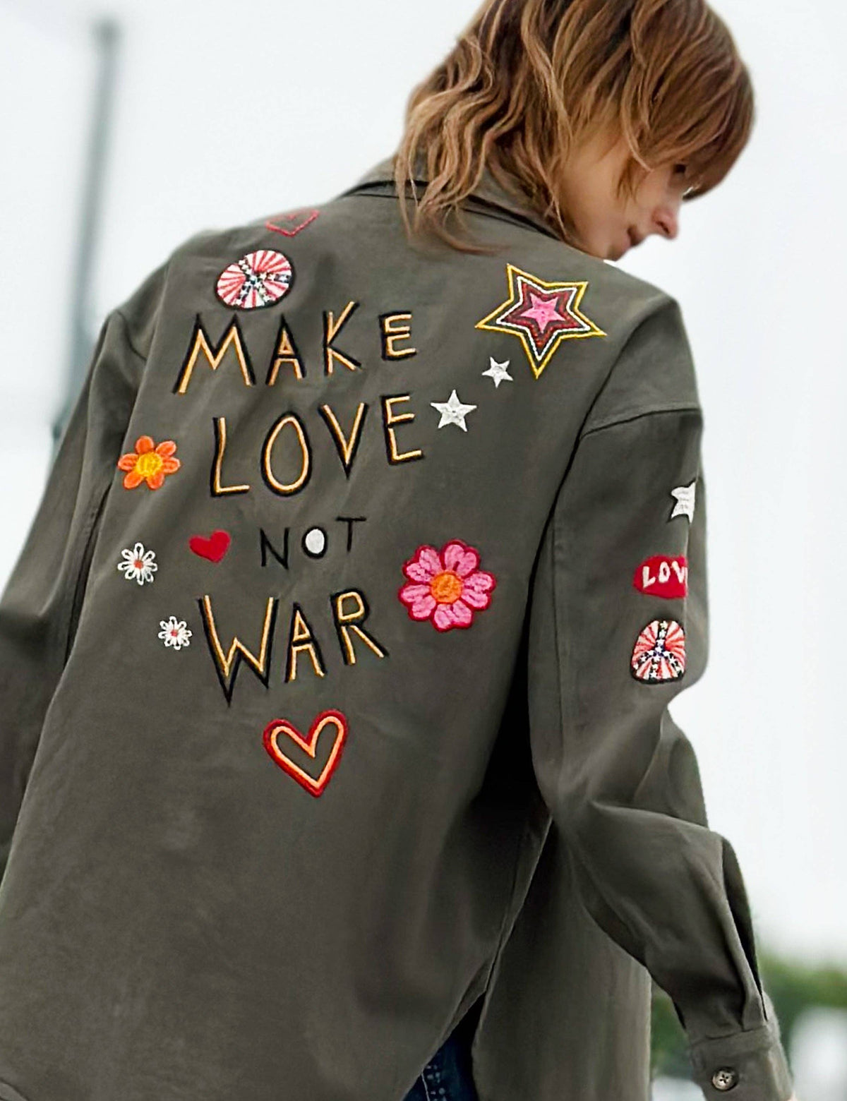Cotton-canvas button-down shirt with retro peace, love, and music embroidery