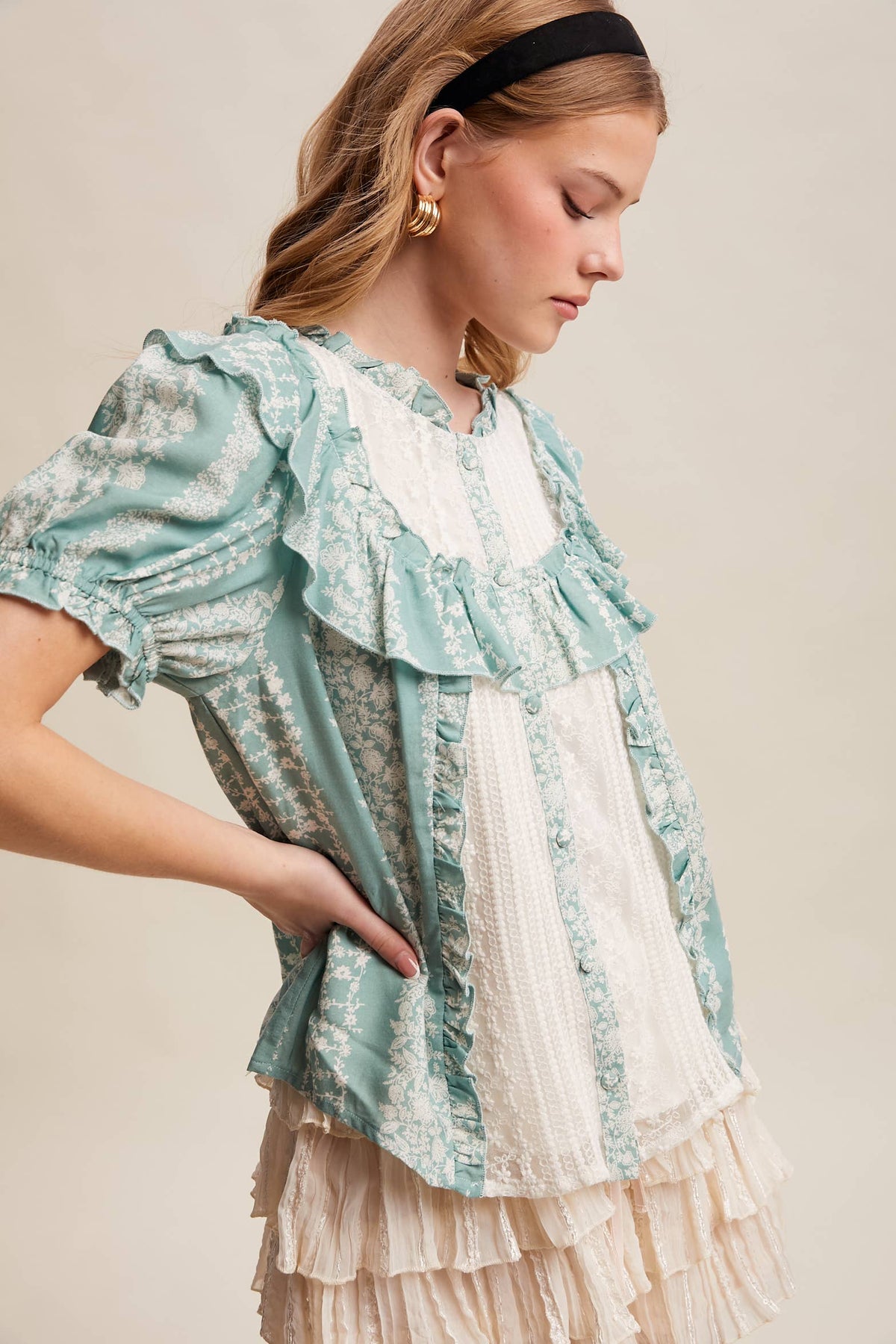 Mixed-Print Ruffle Yoke Blouse, view 17 | Fitkitty Culture®