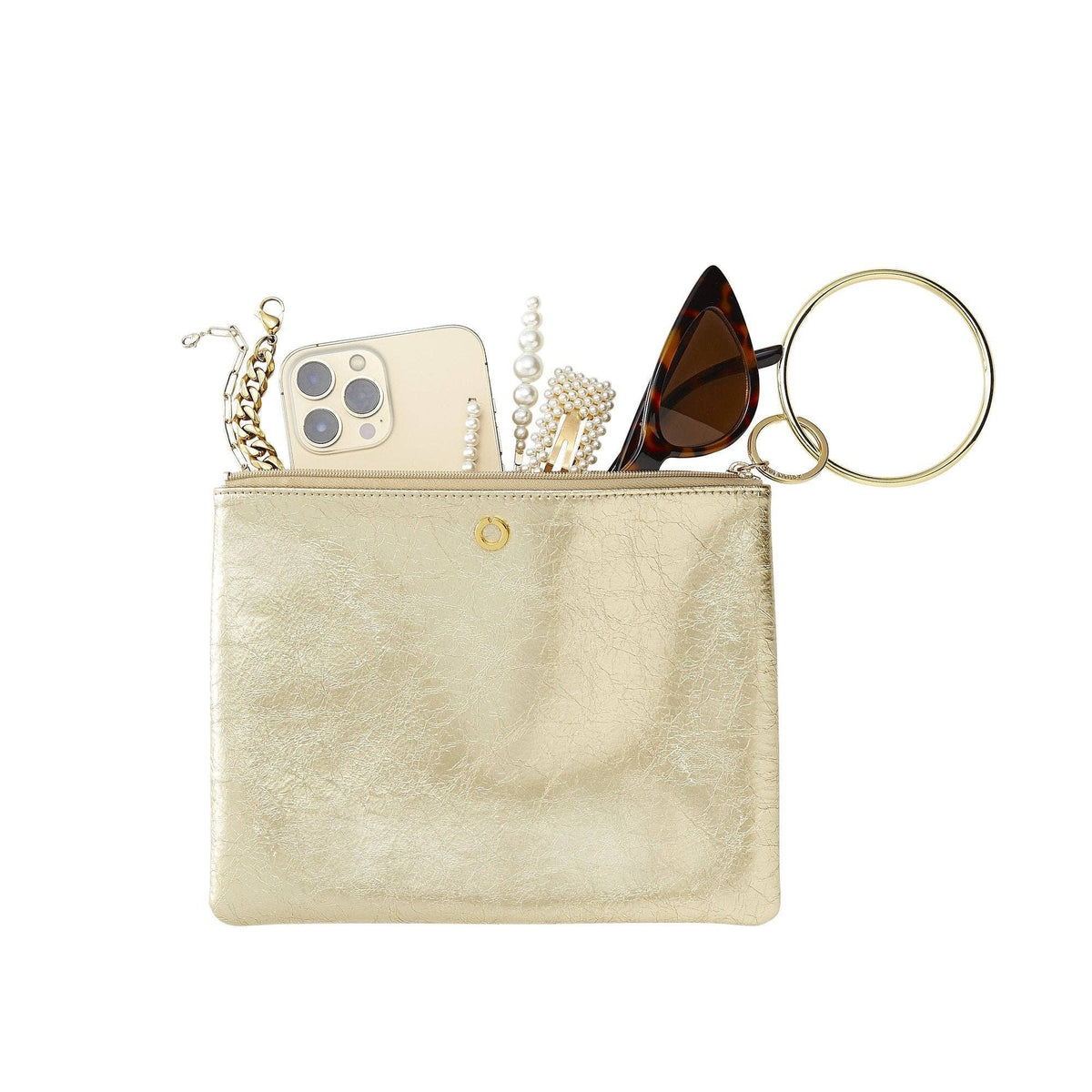 Gold Rush Big O bracelet pouch filled with a phone, pearls, and sunglasses