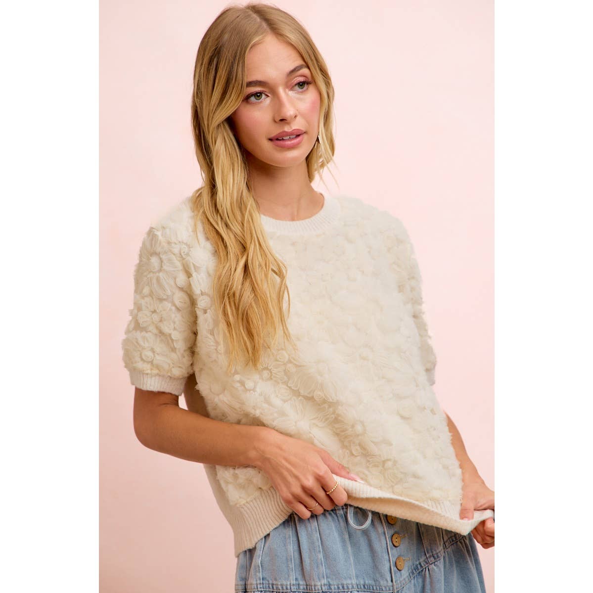 Ivory Bloom 3D Floral Knit Top, view 3 | Fitkitty Culture®