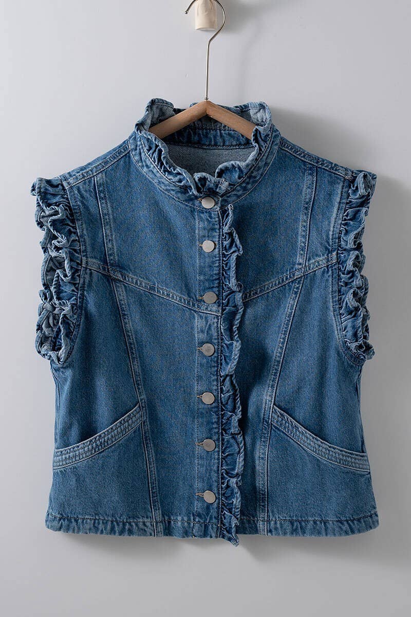 Victorian Muse Ruffle-Trim Denim Vest – High Collar Statement Layer - House of Caelo Athleisure Wear, Yoga Wear &  Women's Clothing