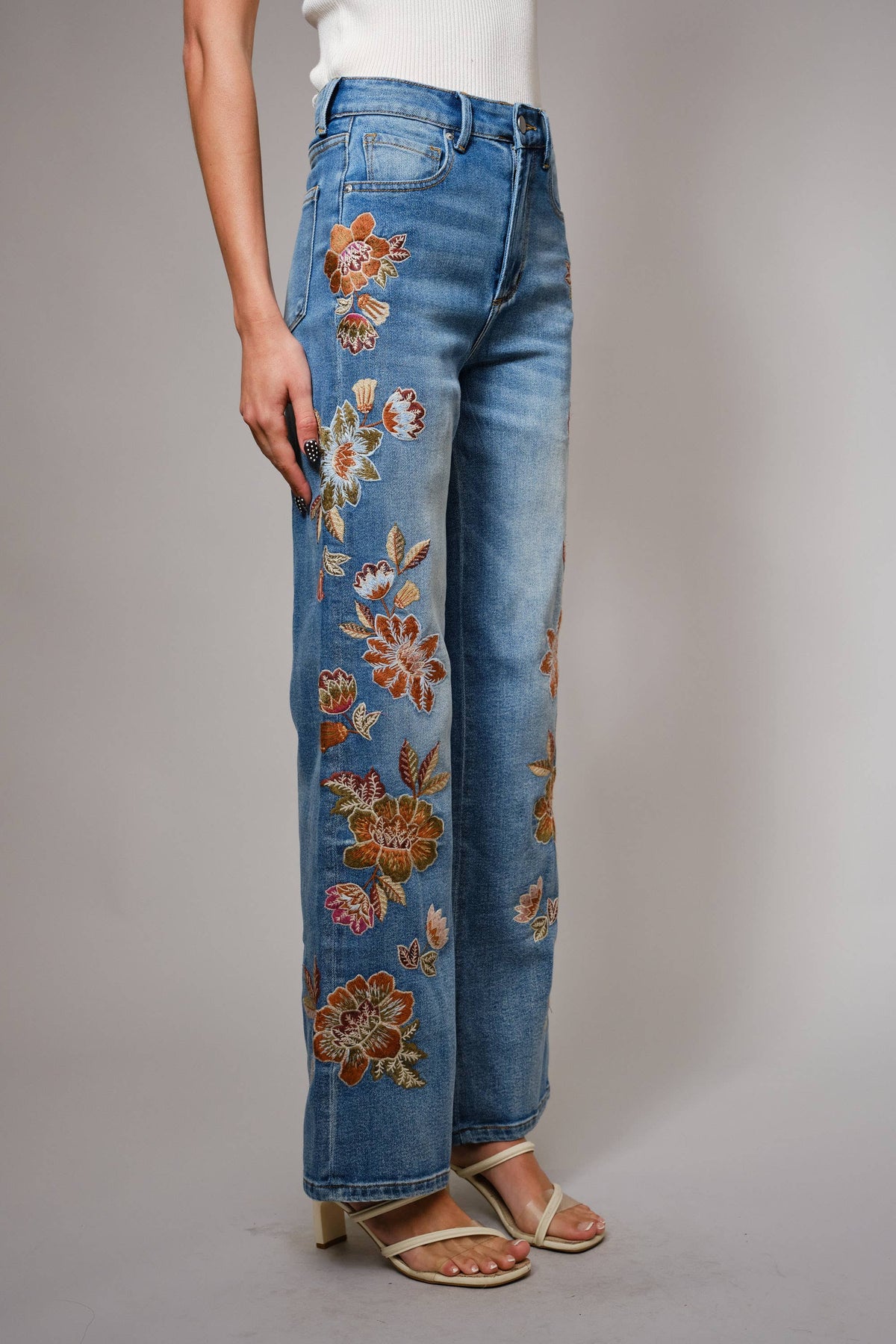 Wildflower embroidered high-rise flare jeans front view