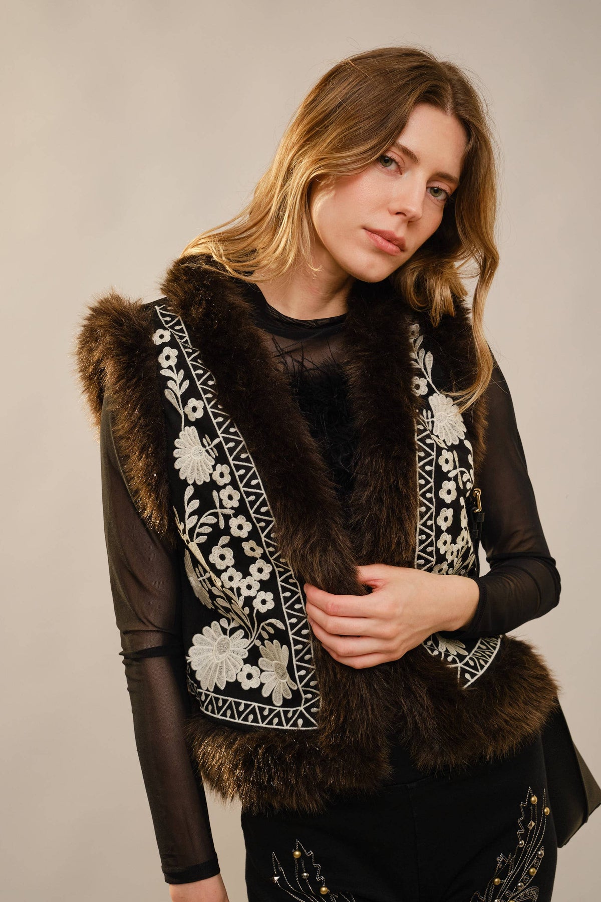 Embroidered Faux Suede Vest with Fur Trim, view 6 | Fitkitty Culture®