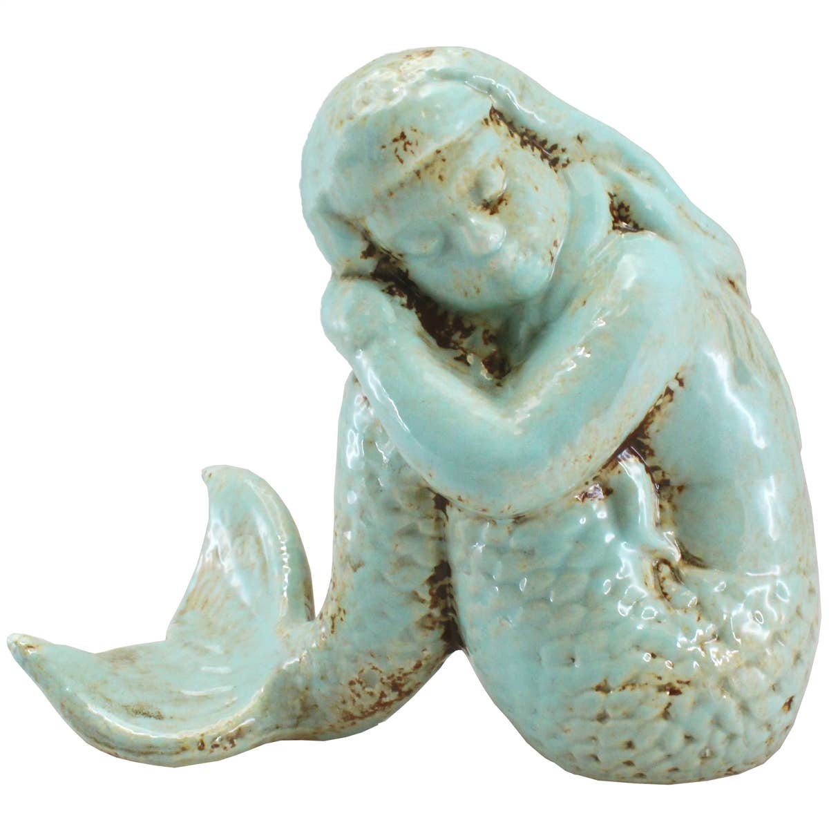 Sandy resting mermaid statue with antique cyan hand-glazed finish