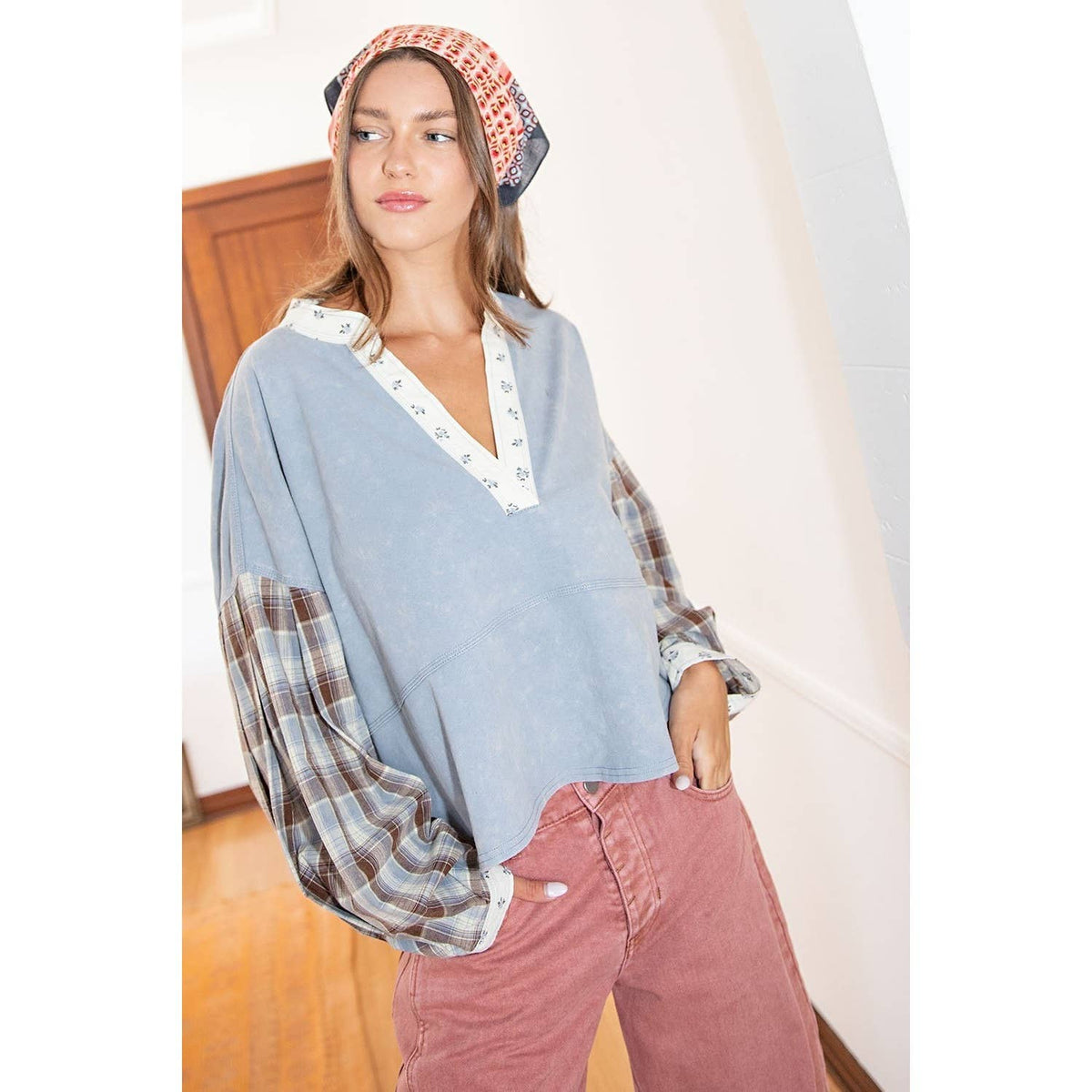 Mineral Washed Floral Trim Plaid Contrast Top - House of Caelo Athleisure Wear, Yoga Wear &  Women's Clothing