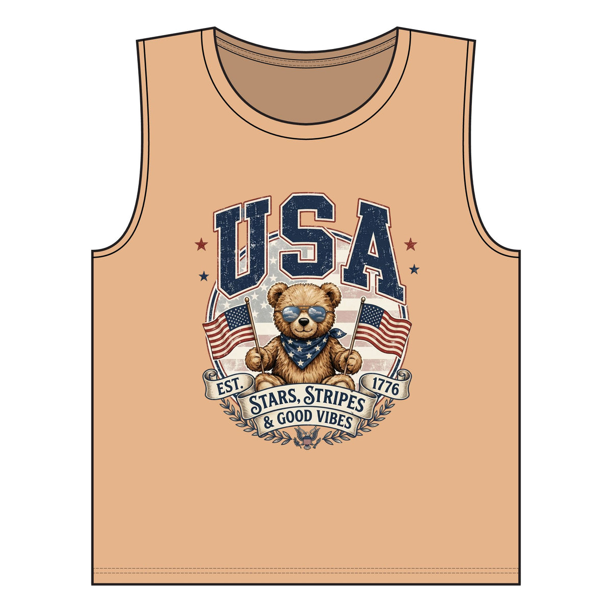 USA Teddy Bear Muscle Tank — Stars, Stripes & Good Vibes Fourth of July Tank Top, view 6 | Fitkitty Culture®