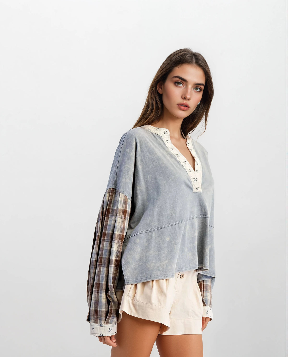 Mineral Washed Floral Trim Plaid Contrast Top - House of Caelo Athleisure Wear, Yoga Wear &  Women's Clothing