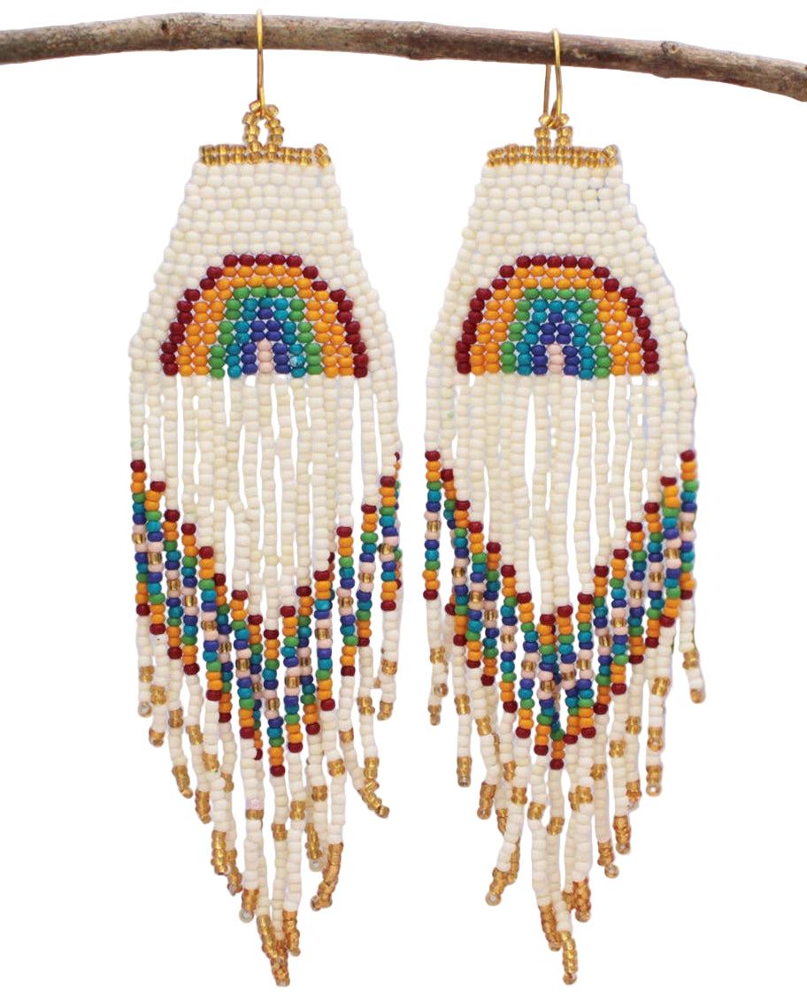 White Rainbow Fringe Beaded Earrings - House of Caelo Athleisure Wear, Yoga Wear &  Women's Clothing