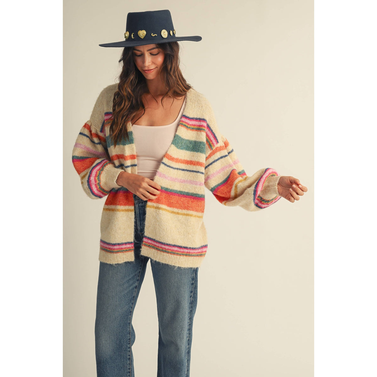Sunset Carnival Stripe Cozy Relaxed Cardigan, view 5 | Fitkitty Culture®