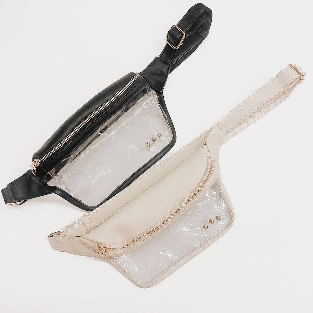Clara clear bum bags in black and cream