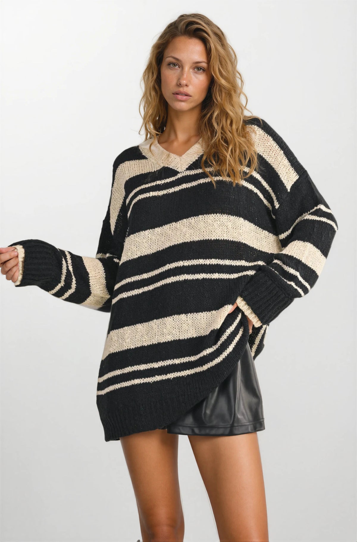 V NECK OVERSIZED STRIPED SWEATER MINI DRESS - House of Caelo Athleisure Wear, Yoga Wear &  Women's Clothing