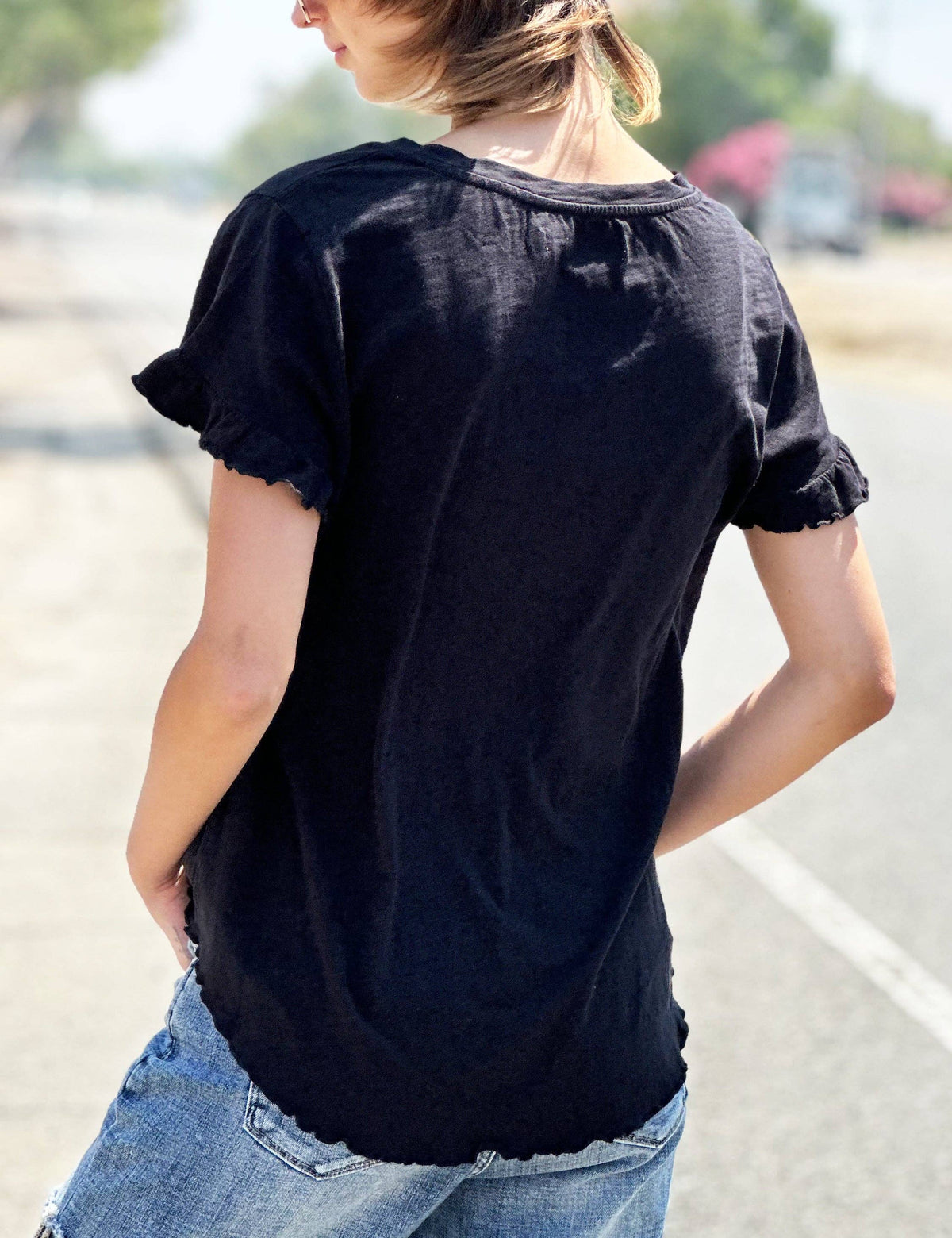 Everyday Ruffle V-Neck Tee - Black, view 4 | Fitkitty Culture®