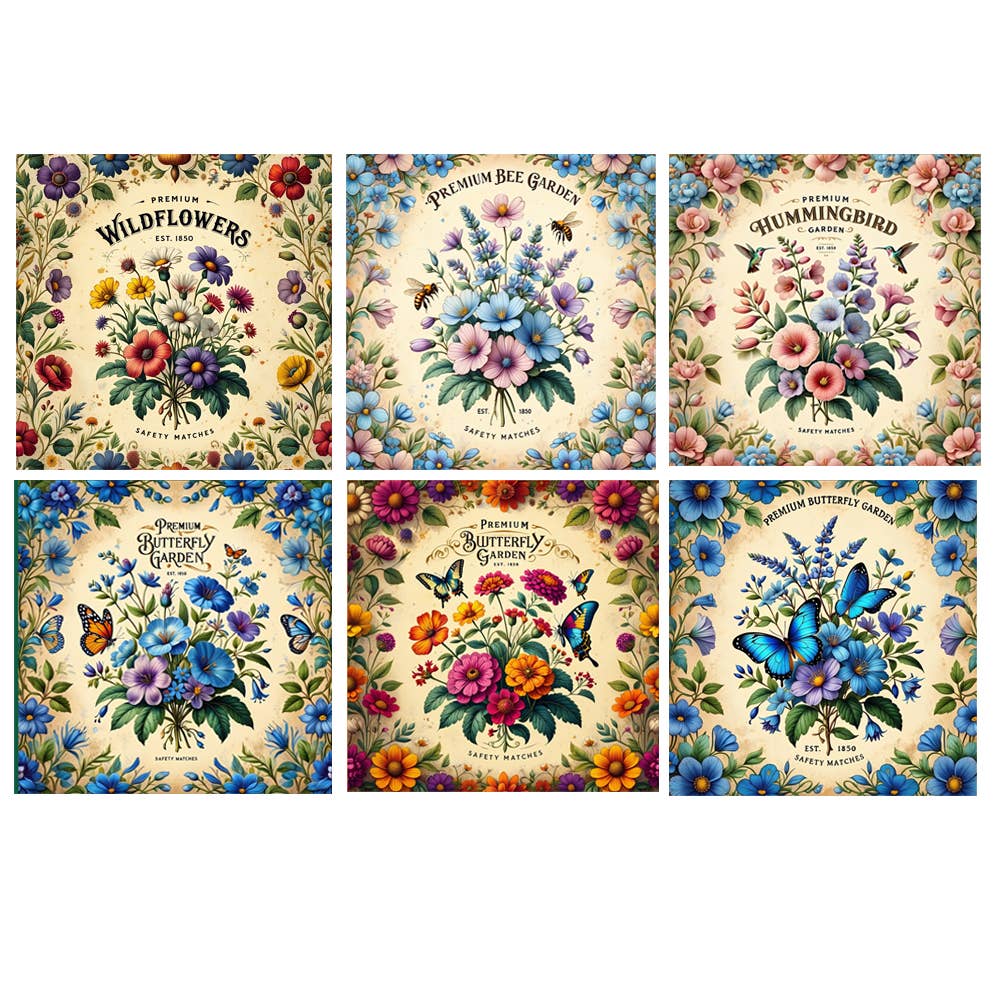 Six square botanical art prints arranged in a 2x3 grid on a white background. Each print features a vintage-style floral and butterfly illustration with French text such as 'Primitif des Wildflowers,' 'Primitif des Hummingbird,' 'Primitif des Butterflies,' 'Primitif des Champs,' 'Primitif des Butterflies Garden,' and 'Primitif des Champs.