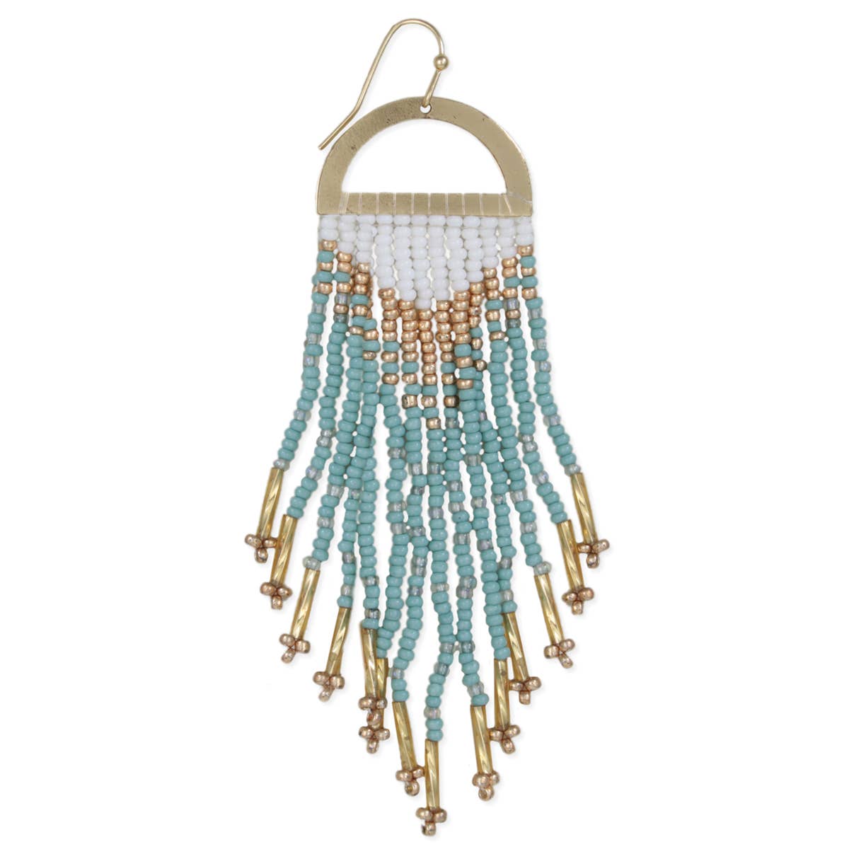 Gold Mint Beaded Fringe Half Circle Earrings, view 2 | Fitkitty Culture®