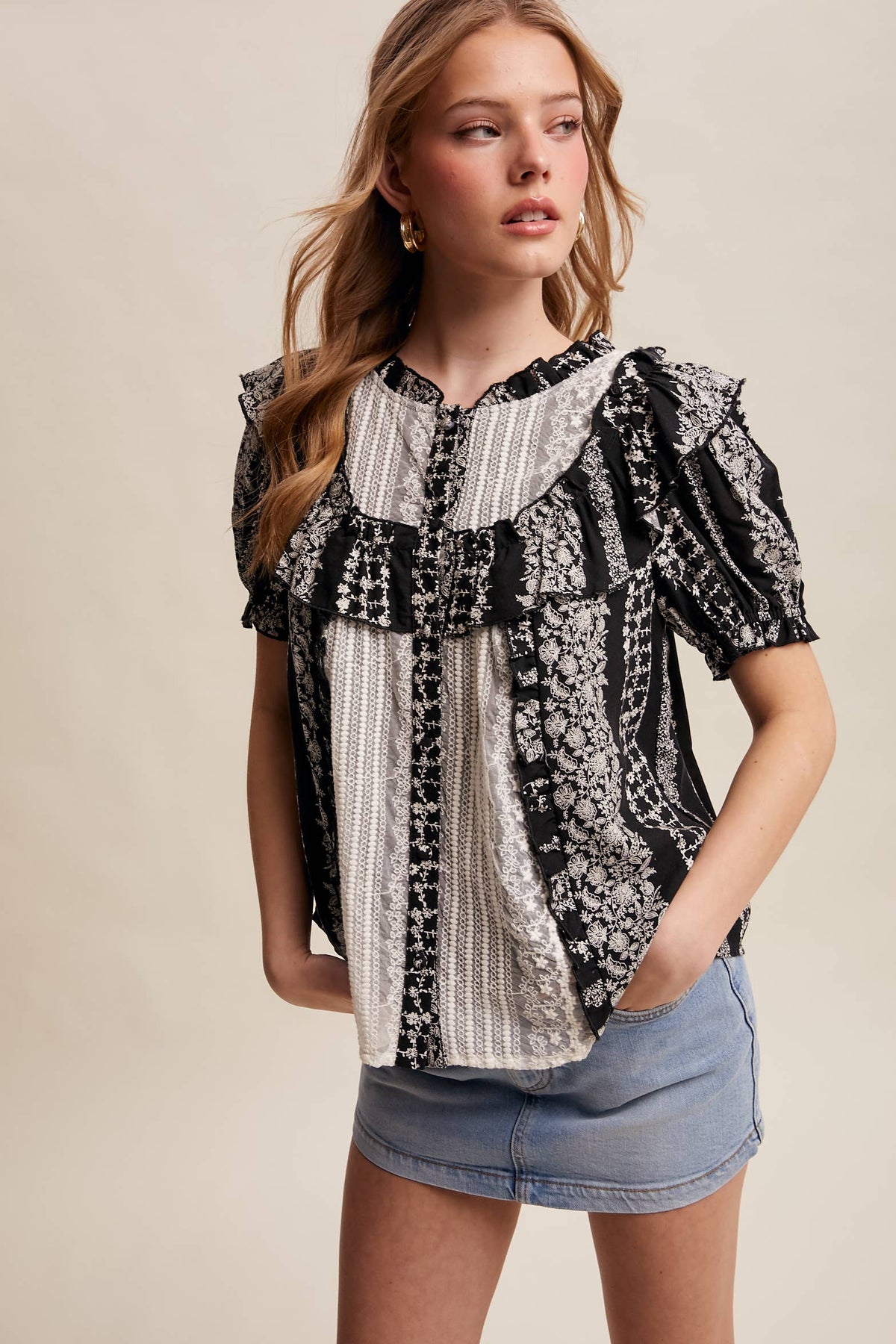 Mixed-Print Ruffle Yoke Blouse, view 3 | Fitkitty Culture®