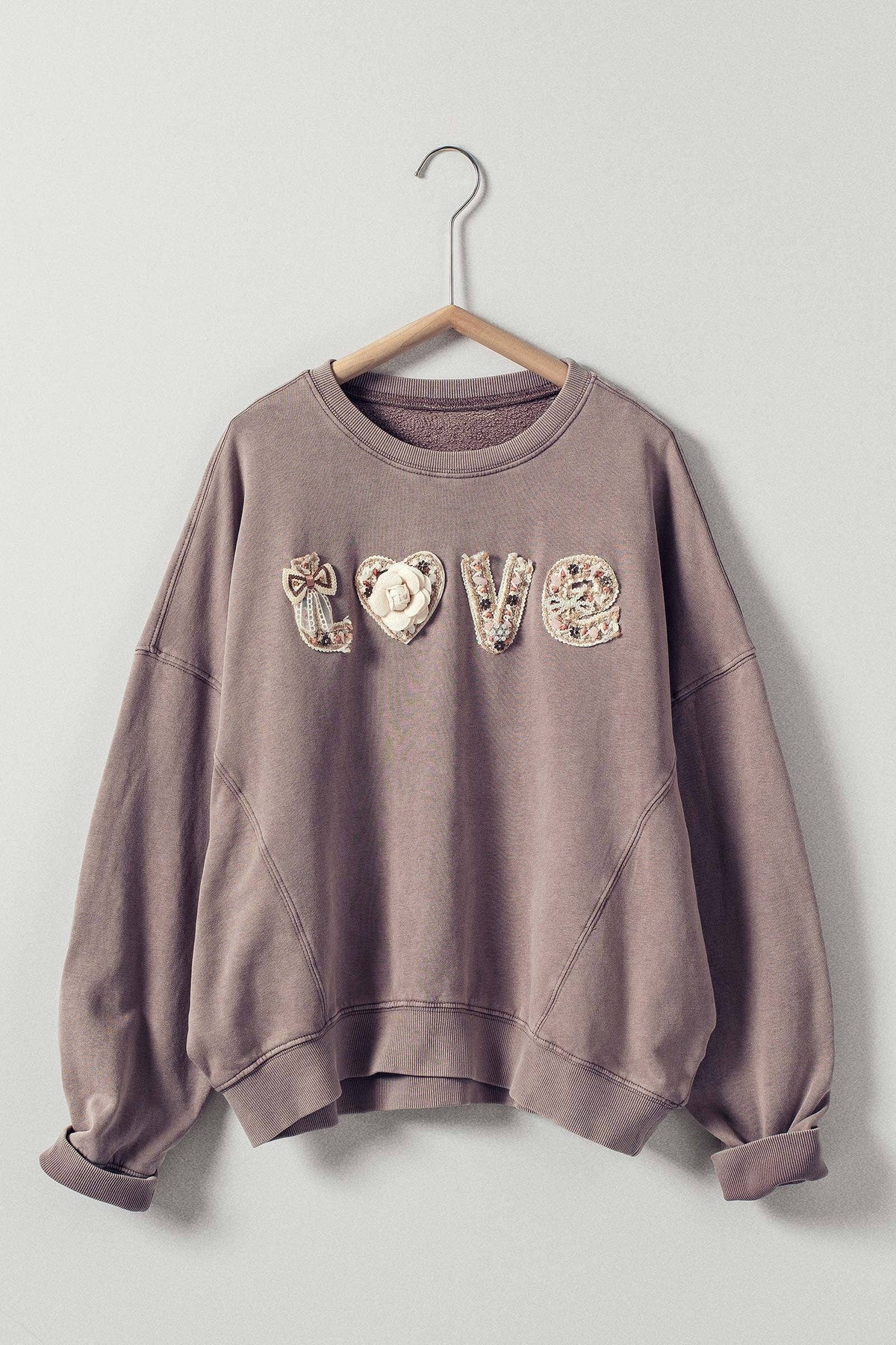 Boho "Love" Embellished Mineral Wash Sweatshirt - House of Caelo Athleisure Wear, Yoga Wear &  Women's Clothing