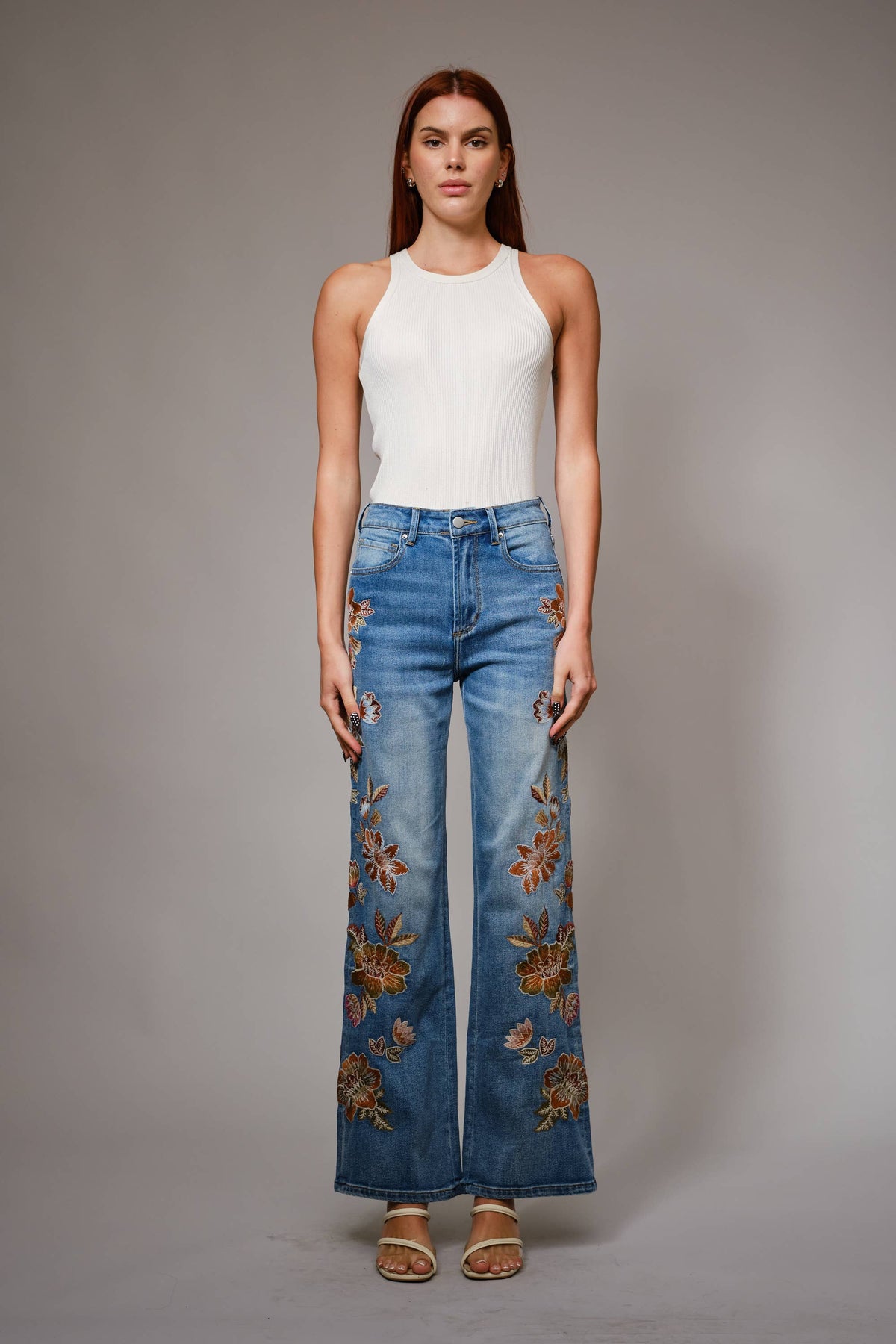 Flower Embroidery High Waist Flare Jeans, view 5 | Fitkitty Culture®