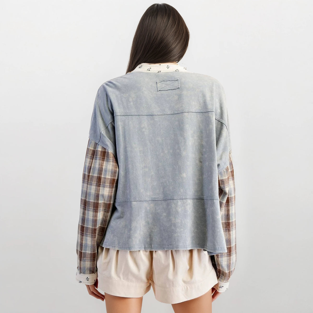 Mineral Washed Floral Trim Plaid Contrast Top - House of Caelo Athleisure Wear, Yoga Wear &  Women's Clothing