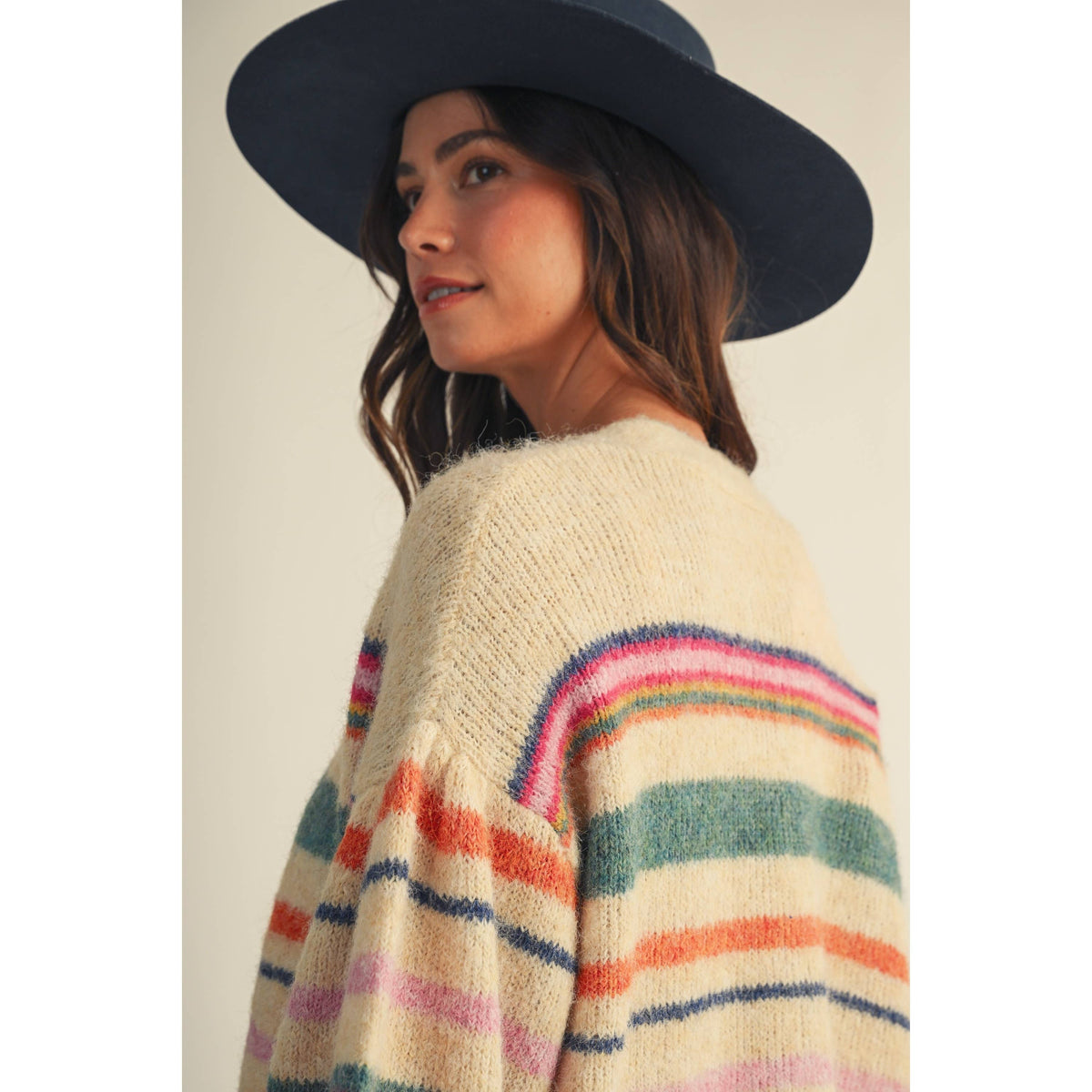 Sunset Carnival Stripe Cozy Relaxed Cardigan, view 8 | Fitkitty Culture®