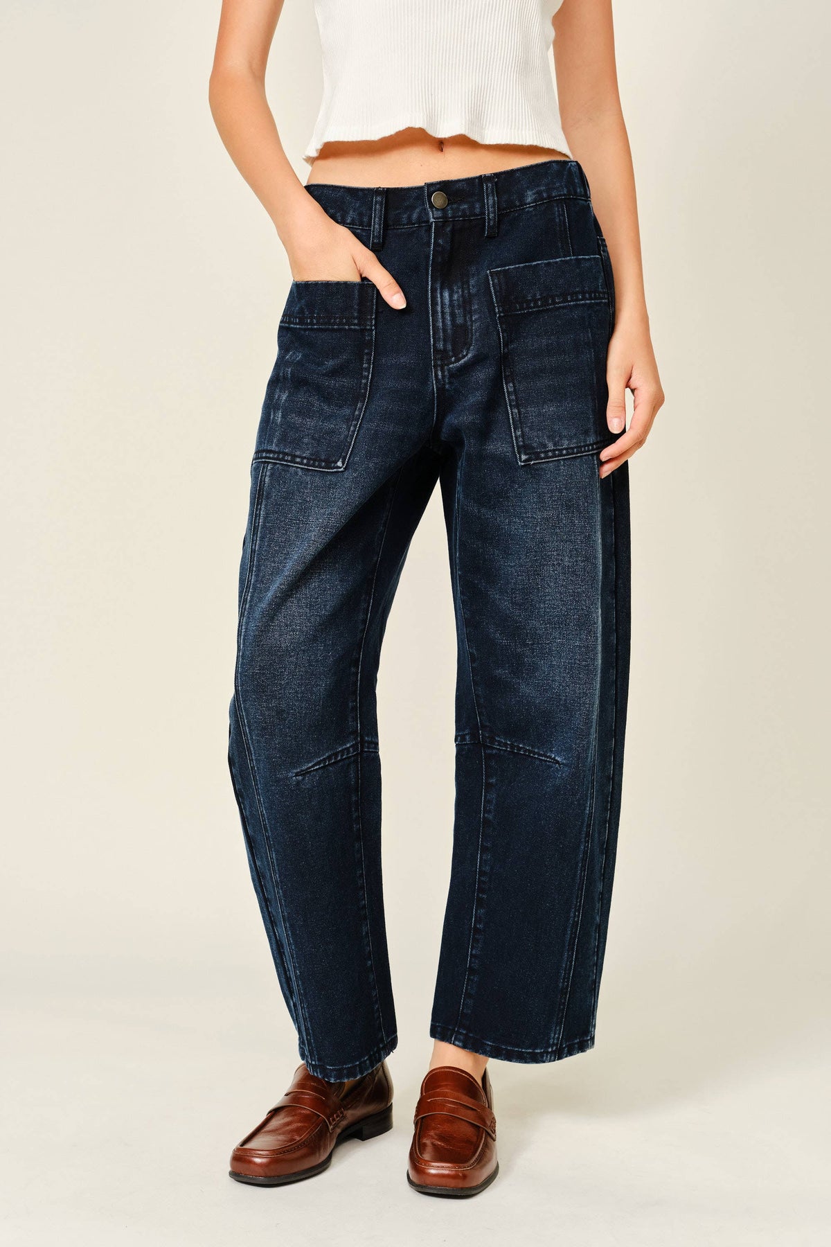 Dark Wash Utility Barrel Jeans