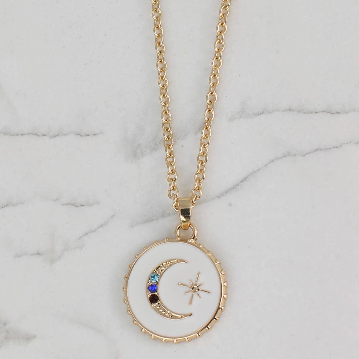 Sparkling Moon Enamel Charm Necklace close-up