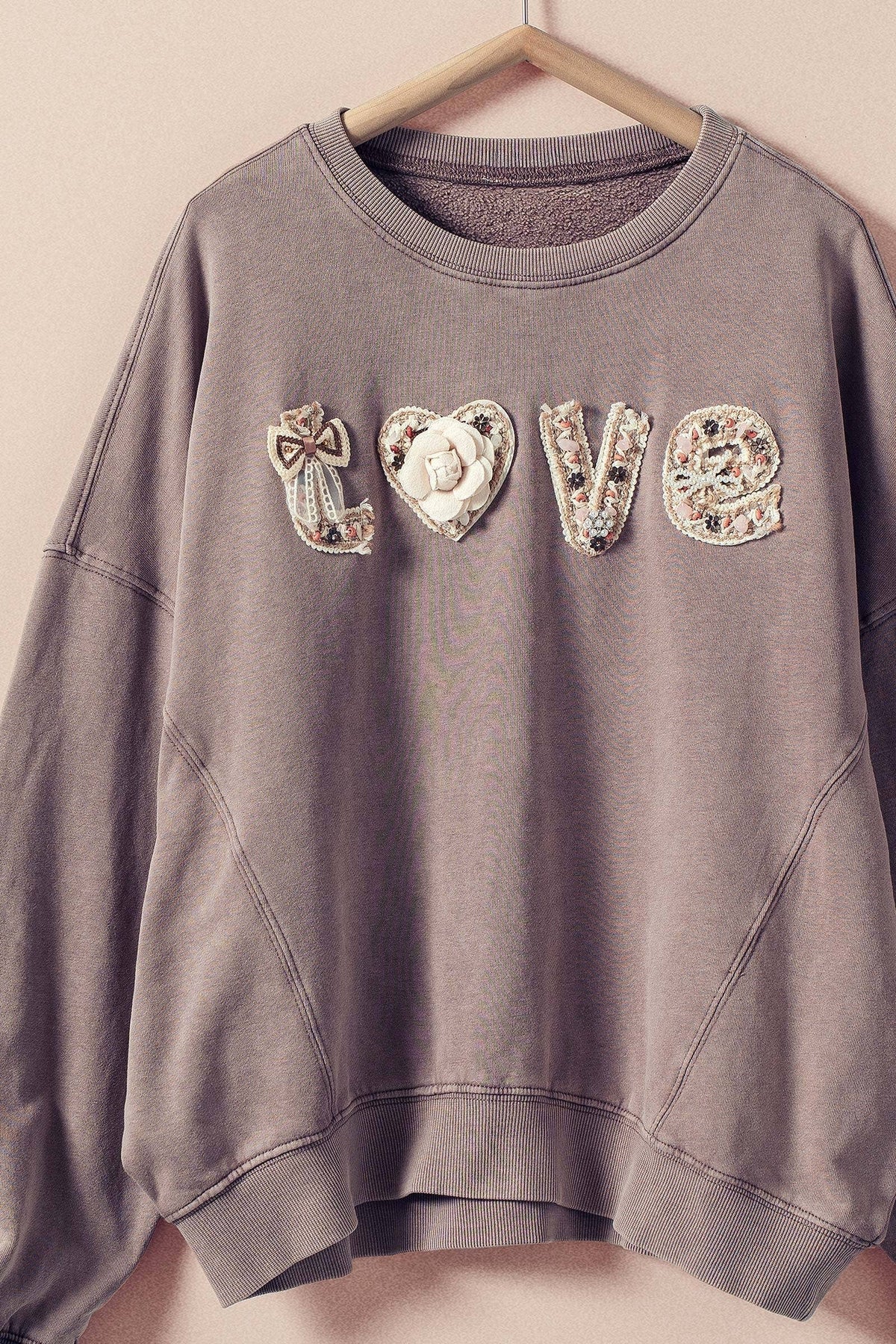 Boho "Love" Embellished Mineral Wash Sweatshirt - House of Caelo Athleisure Wear, Yoga Wear &  Women's Clothing