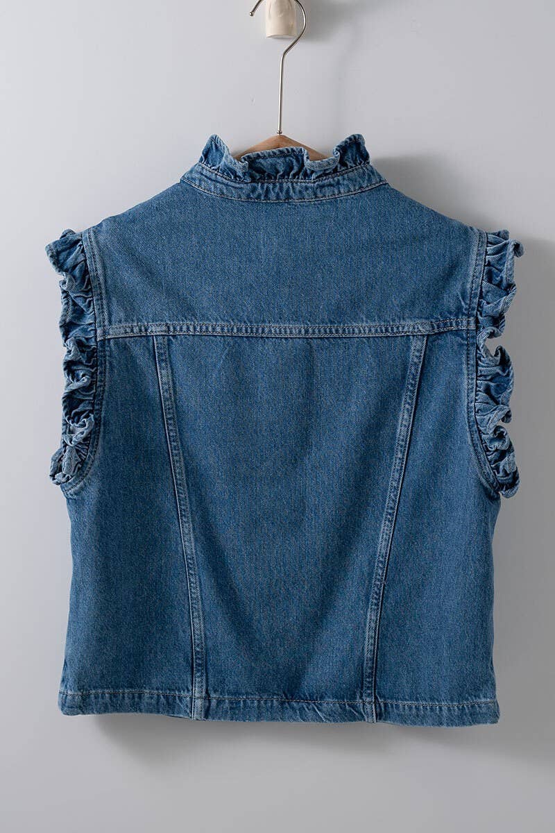Victorian Muse Ruffle-Trim Denim Vest – High Collar Statement Layer - House of Caelo Athleisure Wear, Yoga Wear &  Women's Clothing