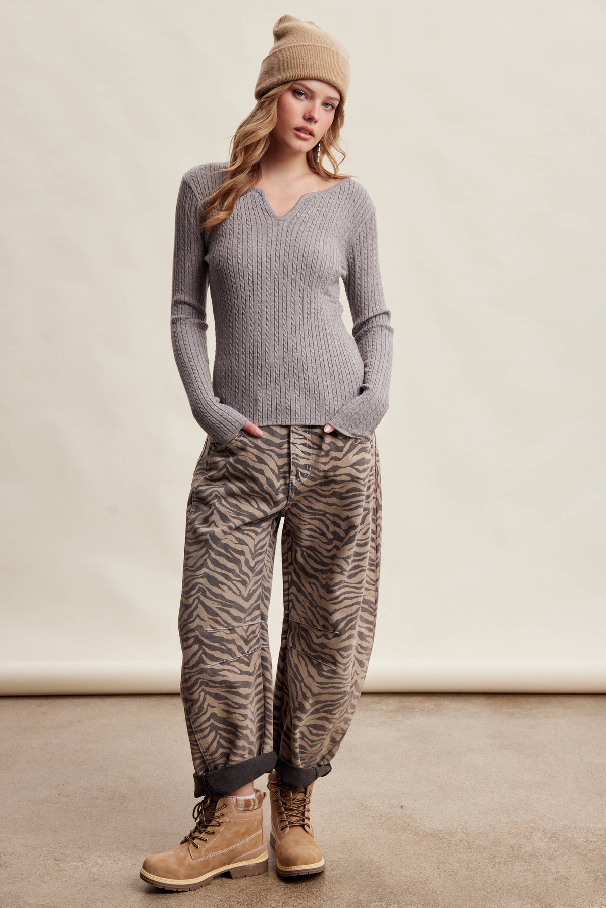 Ribbed V-Neck Knit Top