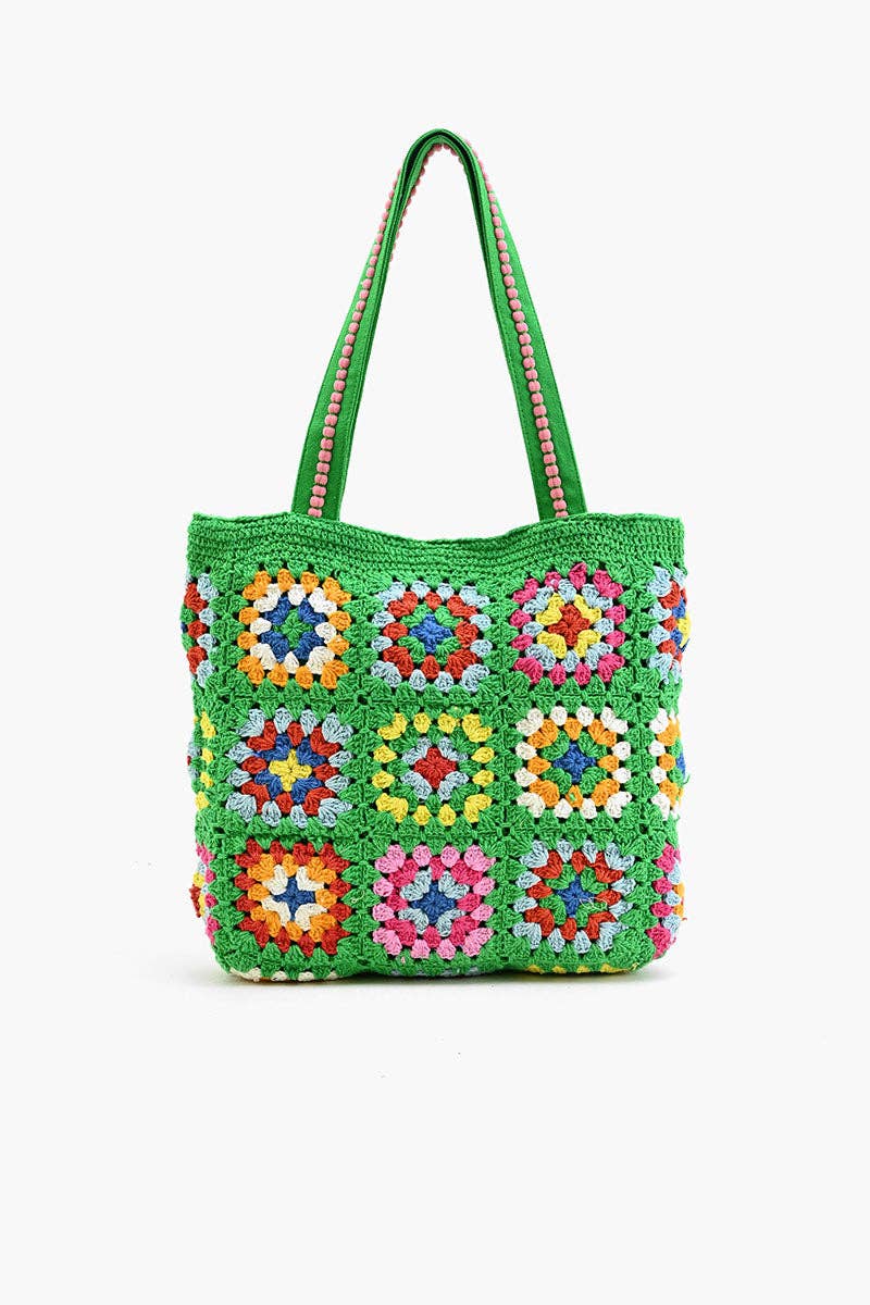 Handcrafted crochet tote in earthy tones with roomy boho shape