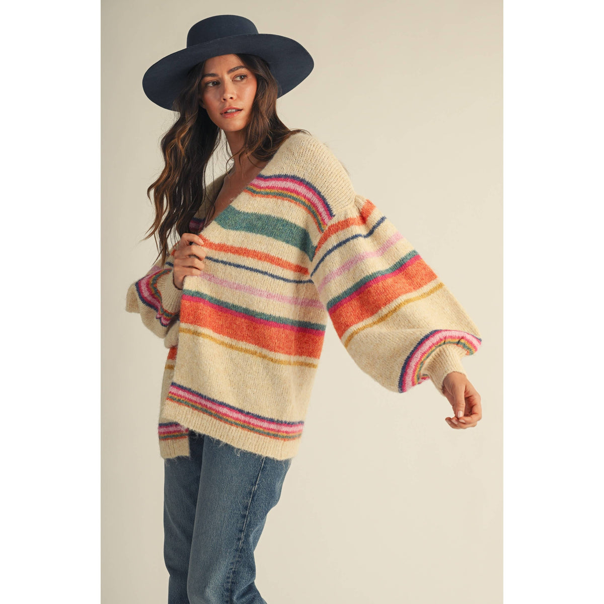 Sunset Carnival Stripe Cozy Relaxed Cardigan, view 7 | Fitkitty Culture®