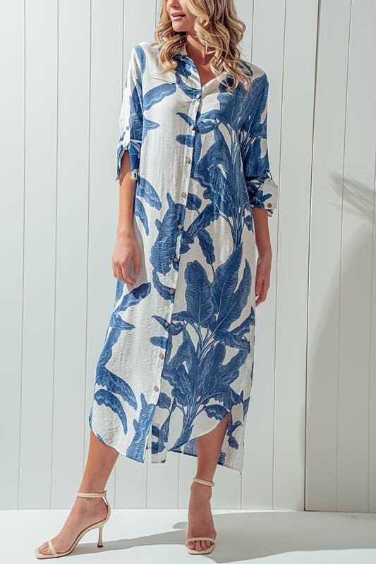 Tropical Palm Leaf Button-Down Midi Dress - Resort and Spring Collection - House of Caelo Athleisure Wear, Yoga Wear &  Women's Clothing