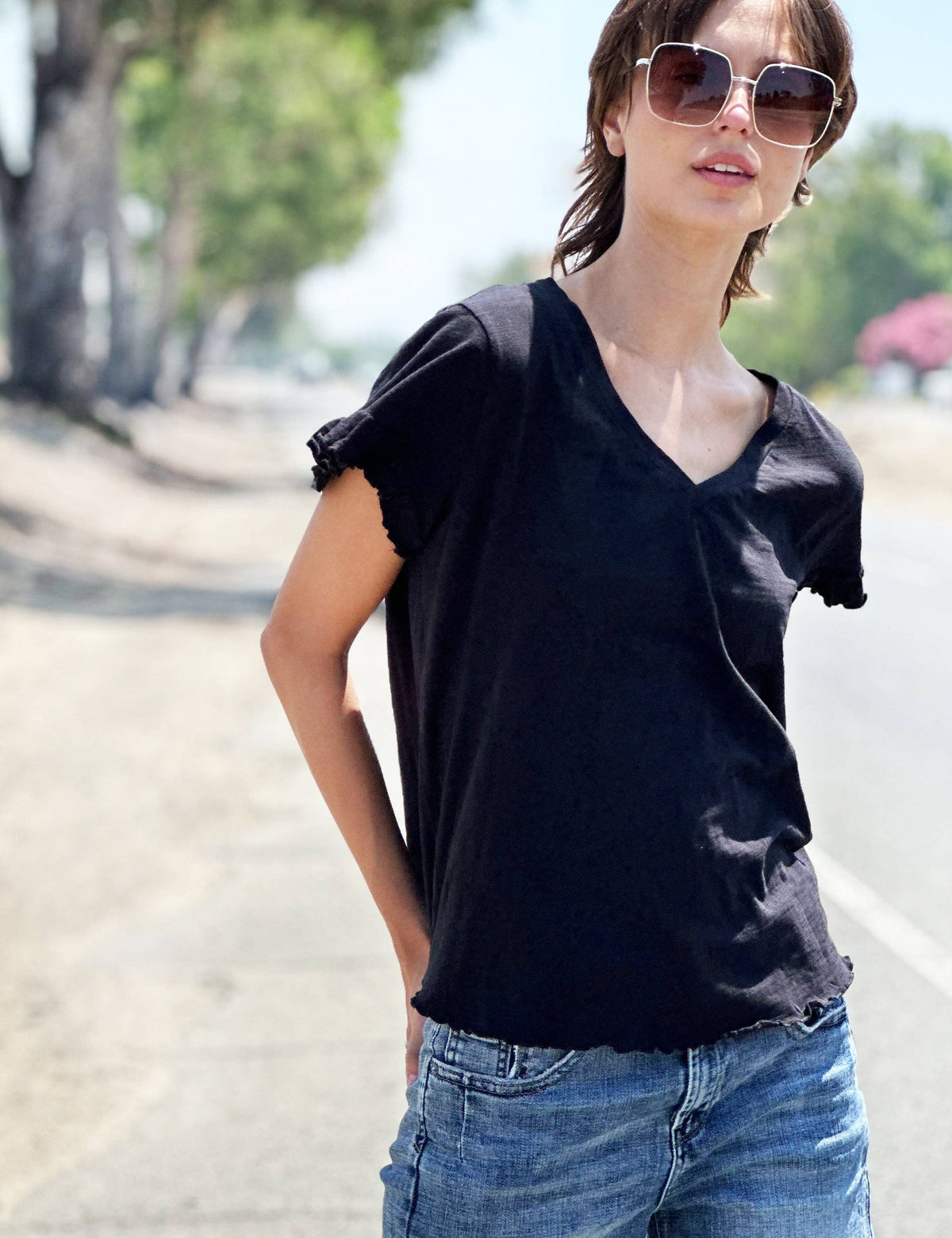Everyday Ruffle V-Neck Tee - Black, view 3 | Fitkitty Culture®