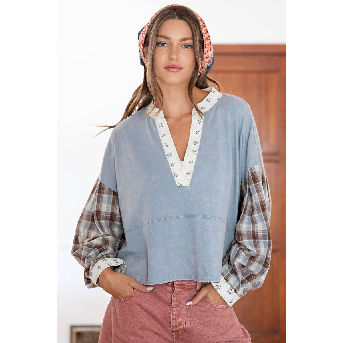 Mineral Washed Floral Trim Plaid Contrast Top - House of Caelo Athleisure Wear, Yoga Wear &  Women's Clothing
