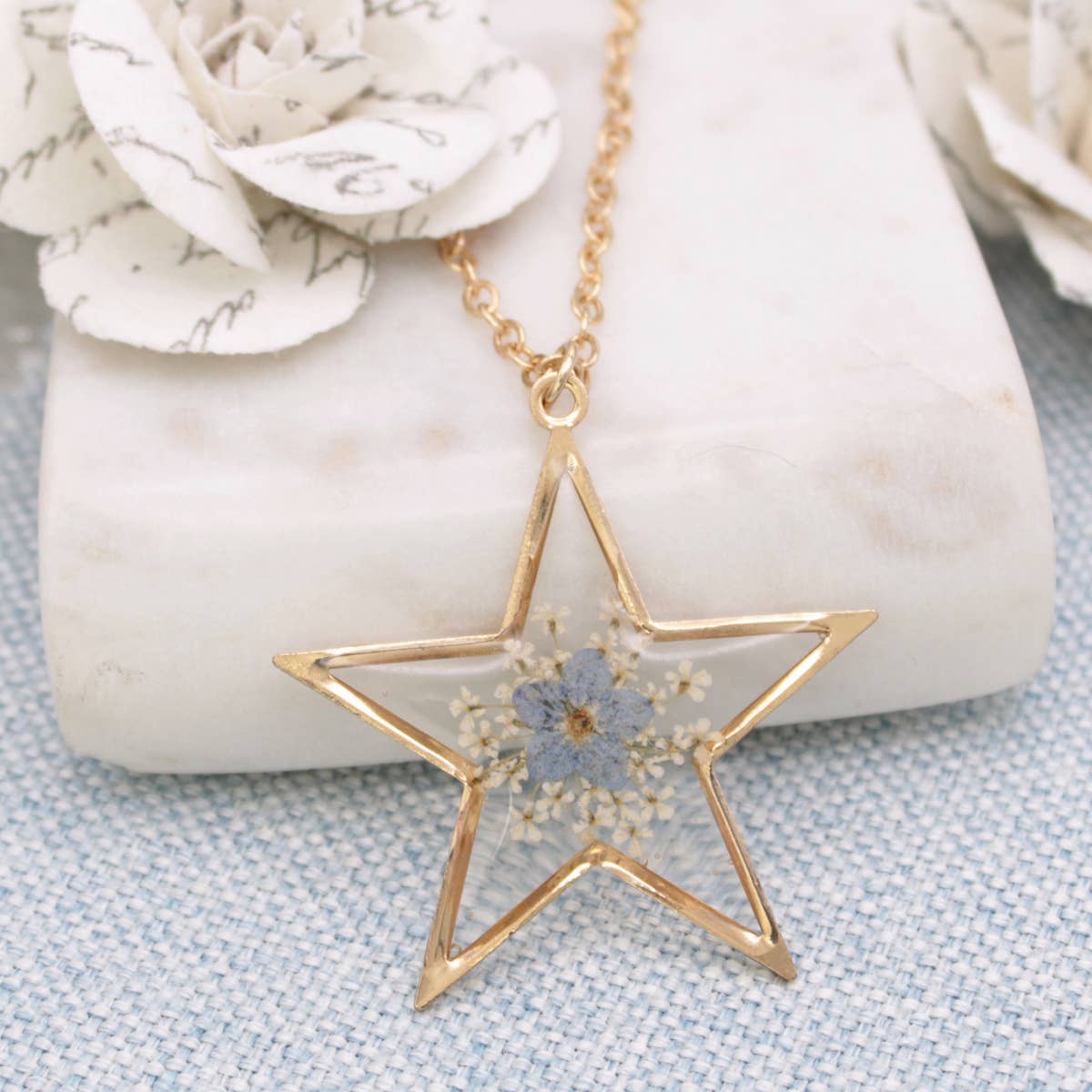 Gold Star Blue Dried Flower Necklace - House of Caelo Athleisure Wear, Yoga Wear &  Women's Clothing