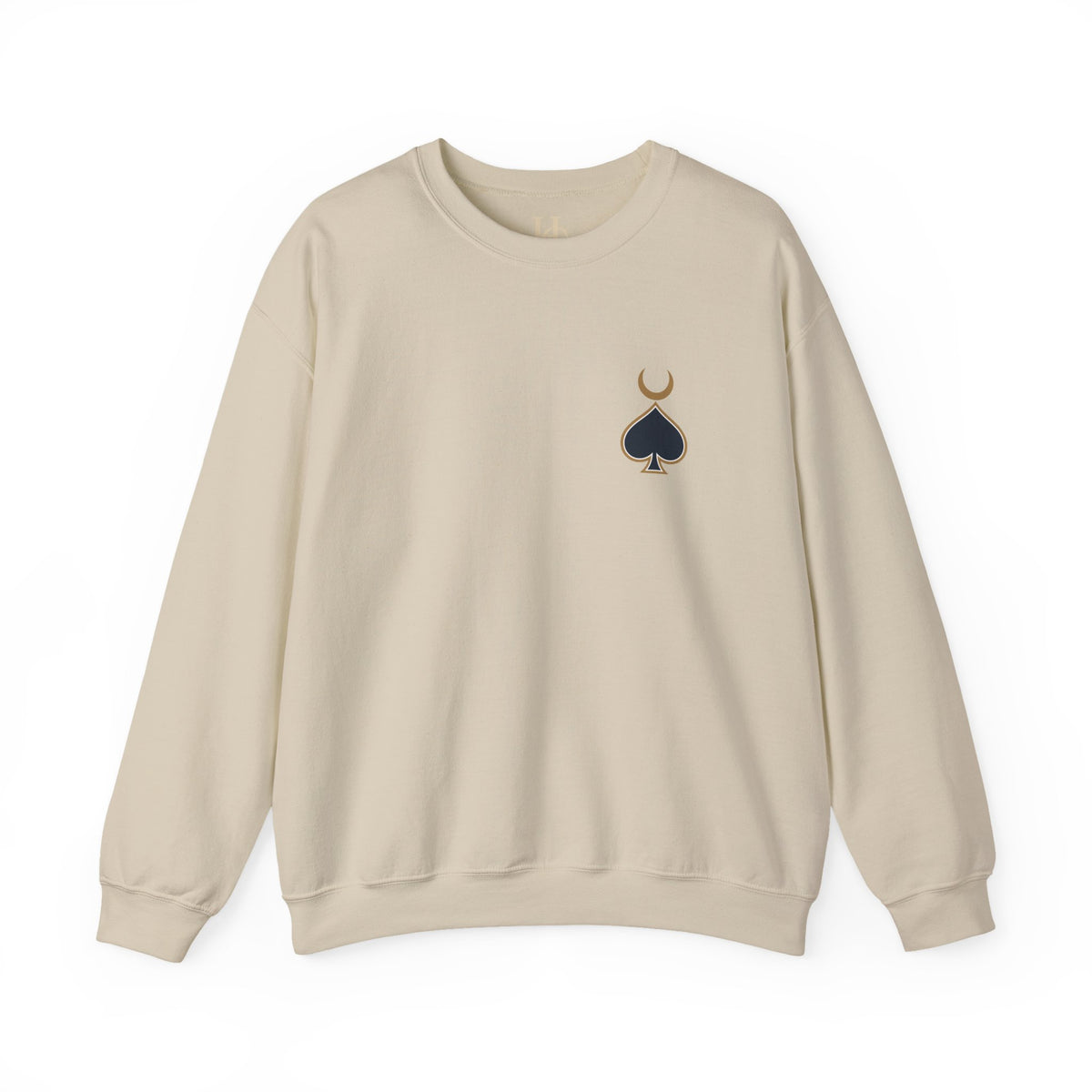 Queen of Spades sweatshirt in Sand, front crescent spade chest detail
