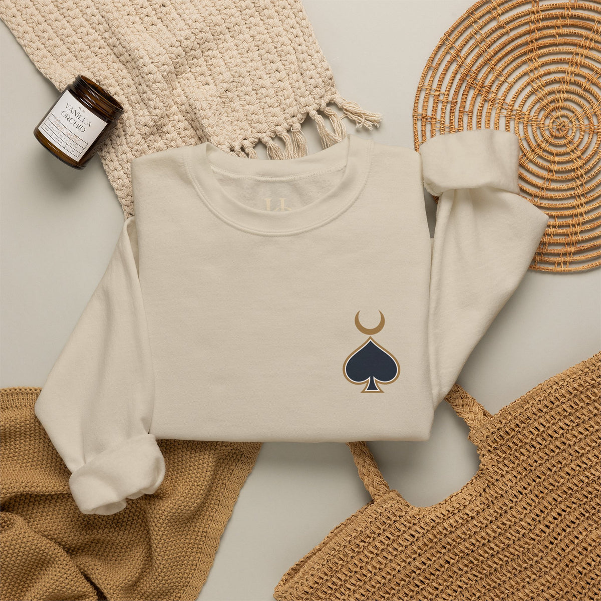 Queen of Spades Sweatshirt | Celestial Playing Card Back Print Crewneck