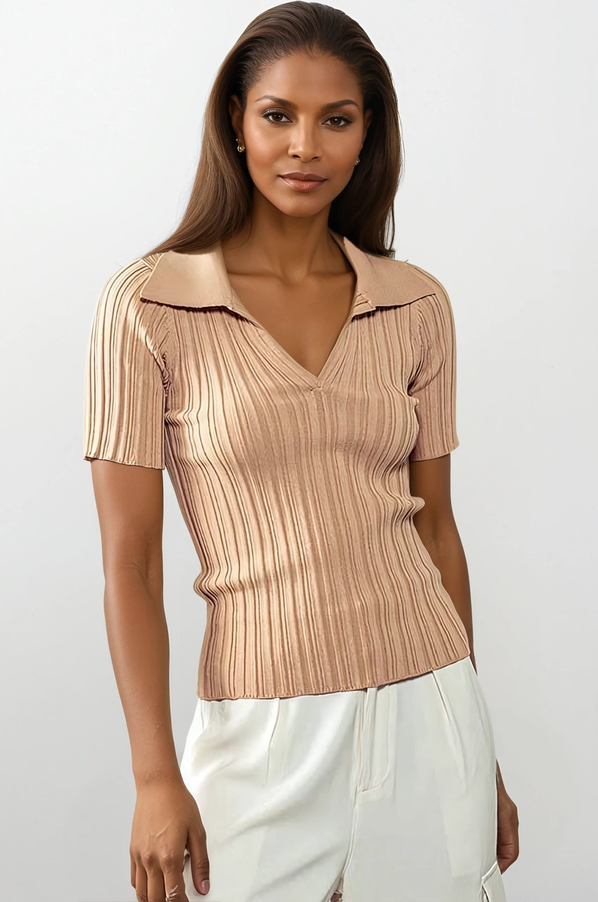 Rib Knit Wing Collar Short Sleeve Top - House of Caelo Athleisure Wear, Yoga Wear &  Women's Clothing