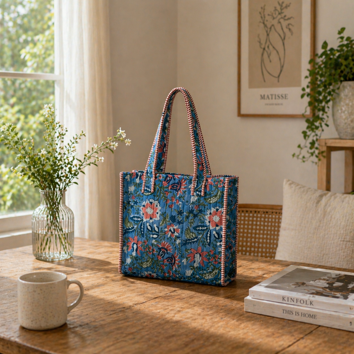 Wildflowers blue floral quilted cotton mini tote on a wooden table