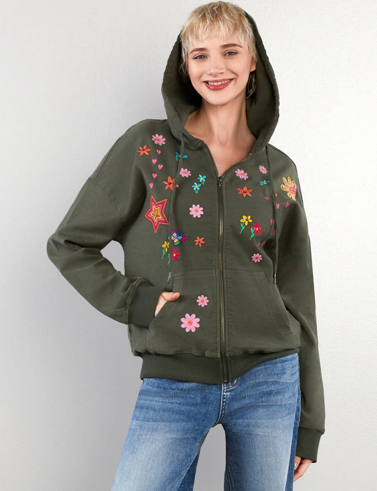Sketchbook Embroidered Zip Hoodie Olive — alternate product view 4