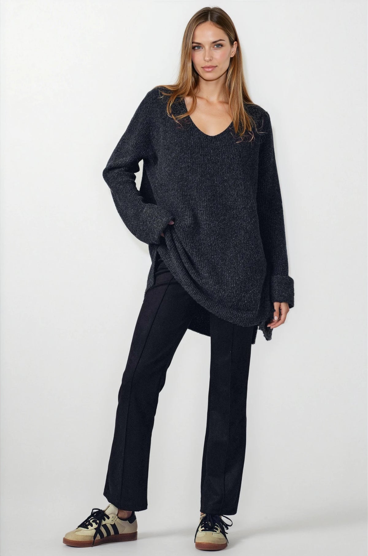 Oversized Knit V-Neck Sweater Tunic Top - Fitkitty Culture Athleisure Wear, Yoga Wear &  Women's Clothing
