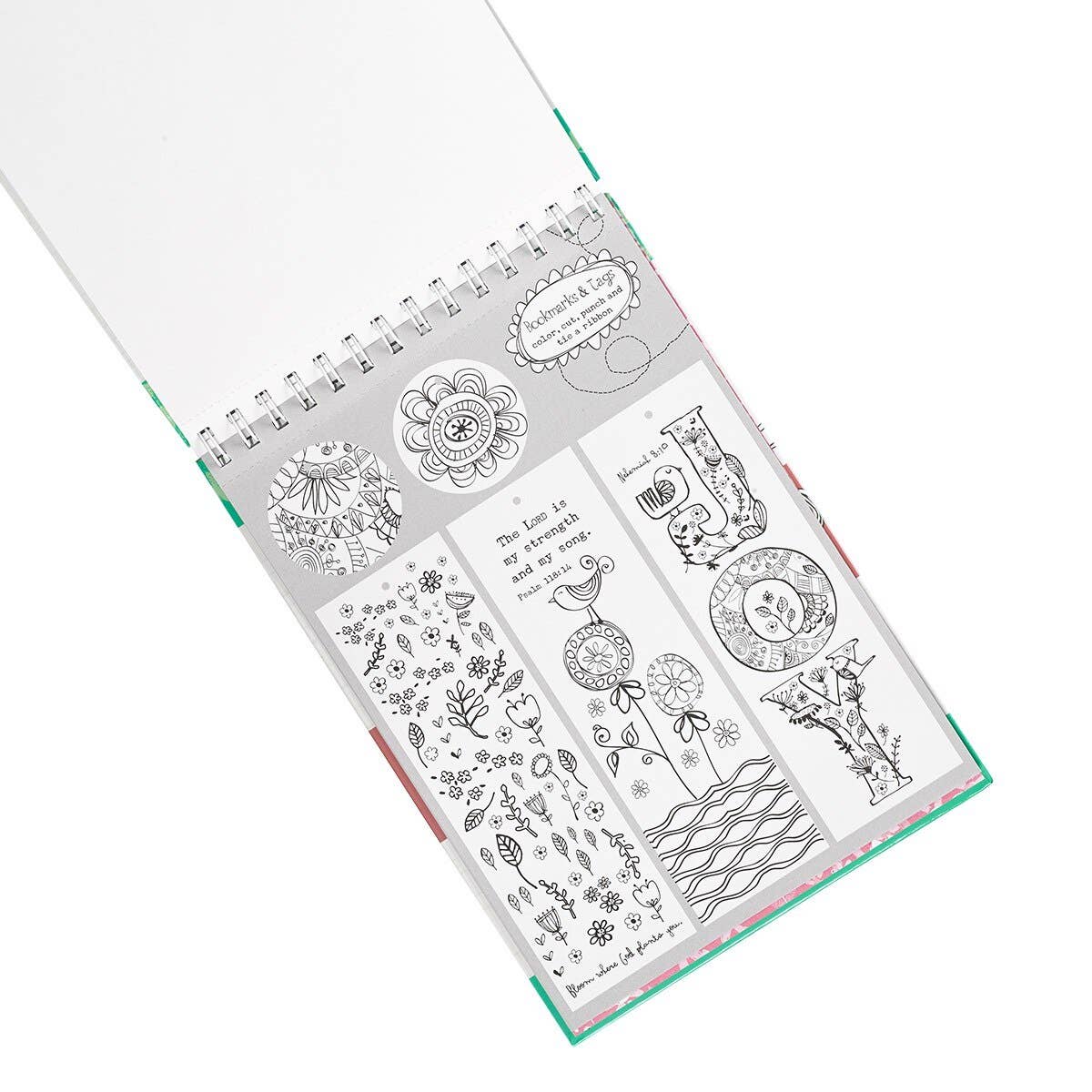 Joy for the Journey coloring book interior showing bookmarks and gift tags to color