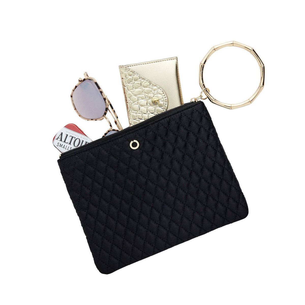 Black quilted Big O bracelet pouch filled with a phone, wallet, and sunglasses