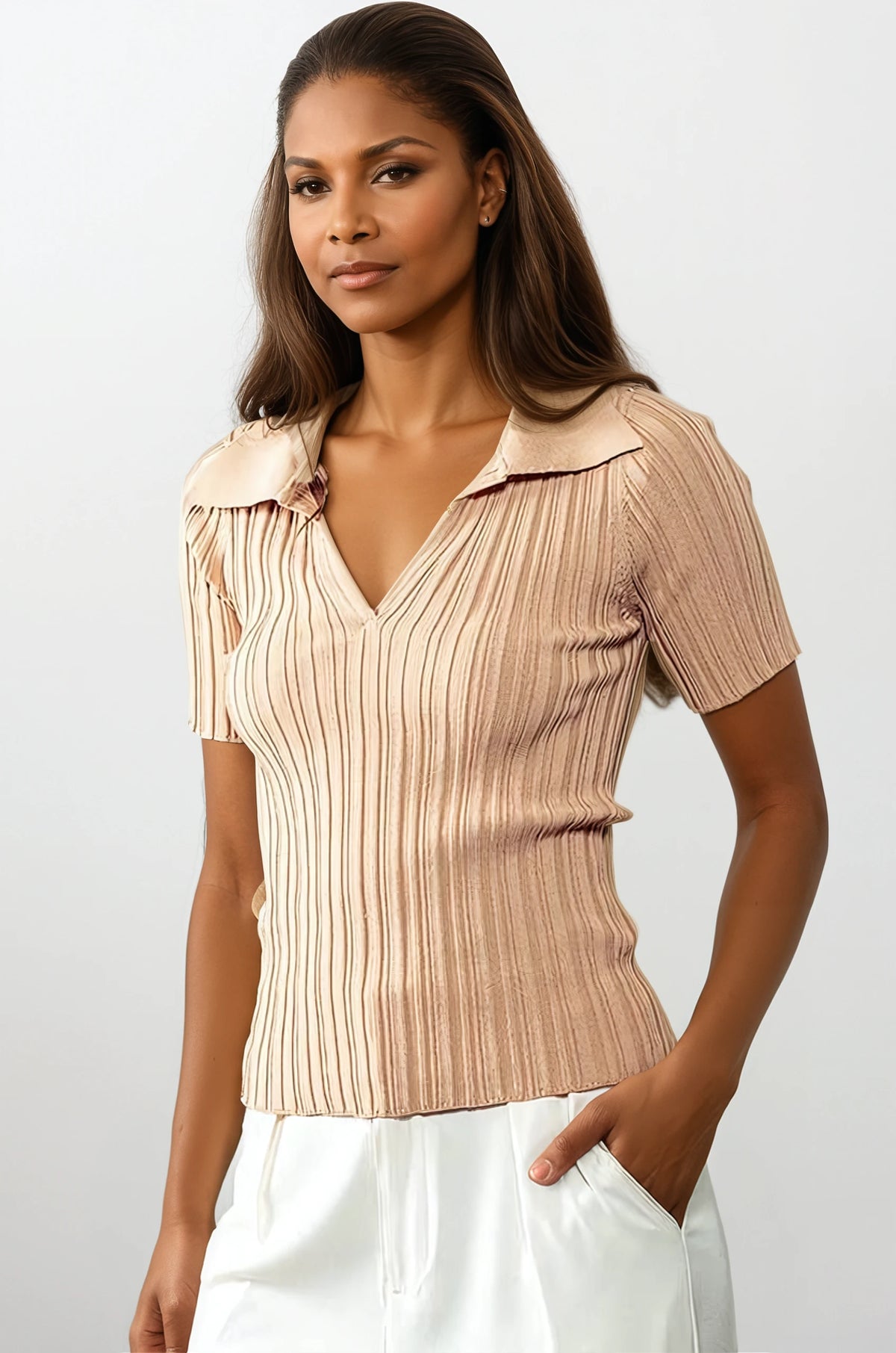 Rib Knit Wing Collar Short Sleeve Top - House of Caelo Athleisure Wear, Yoga Wear &  Women's Clothing