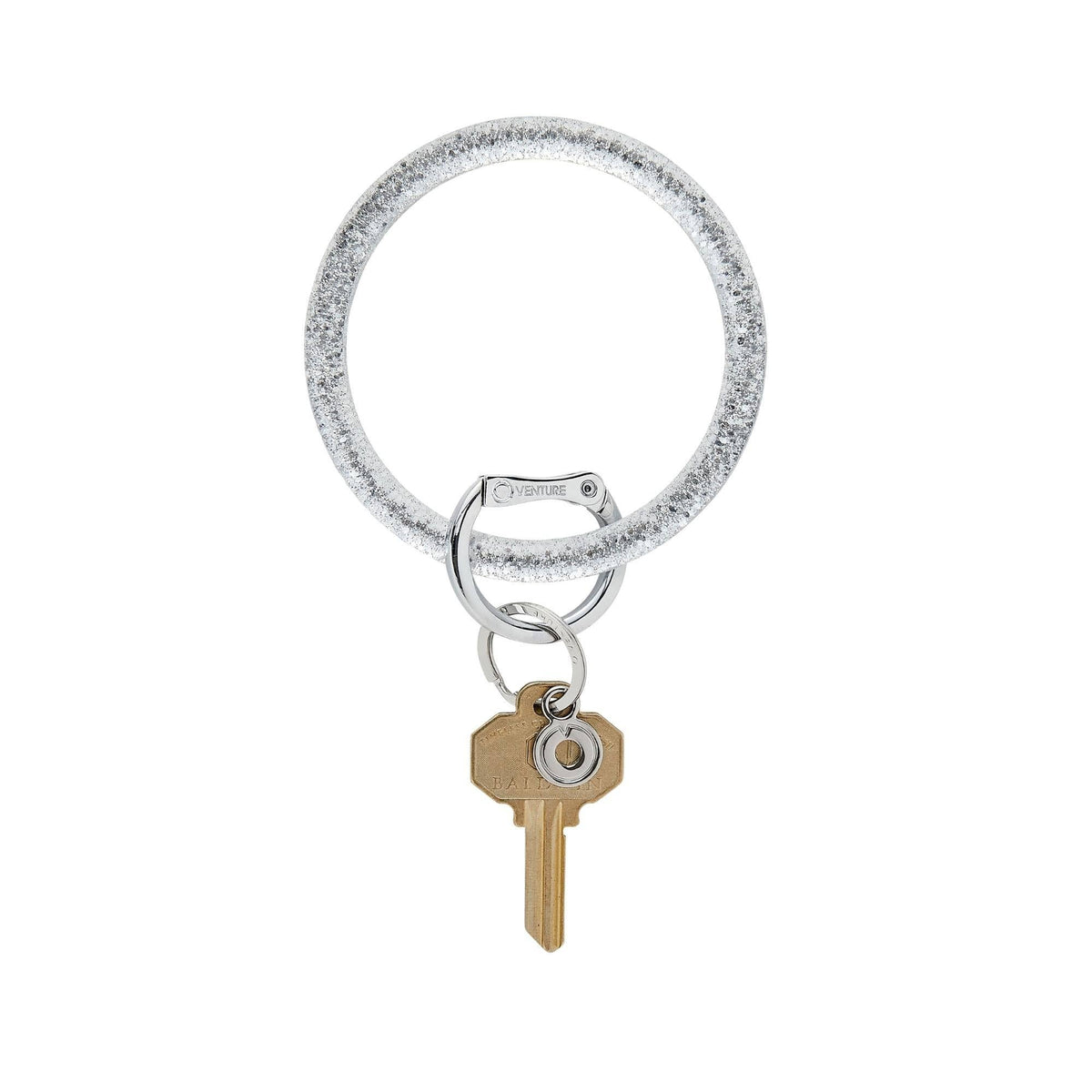 Silver-glitter Resin Big O bracelet keychain with polished clasp and brass key